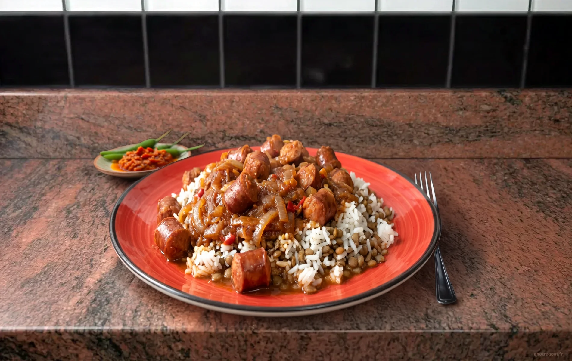 Assiette de rougail saucisses réunionnais avec riz blanc et grains.