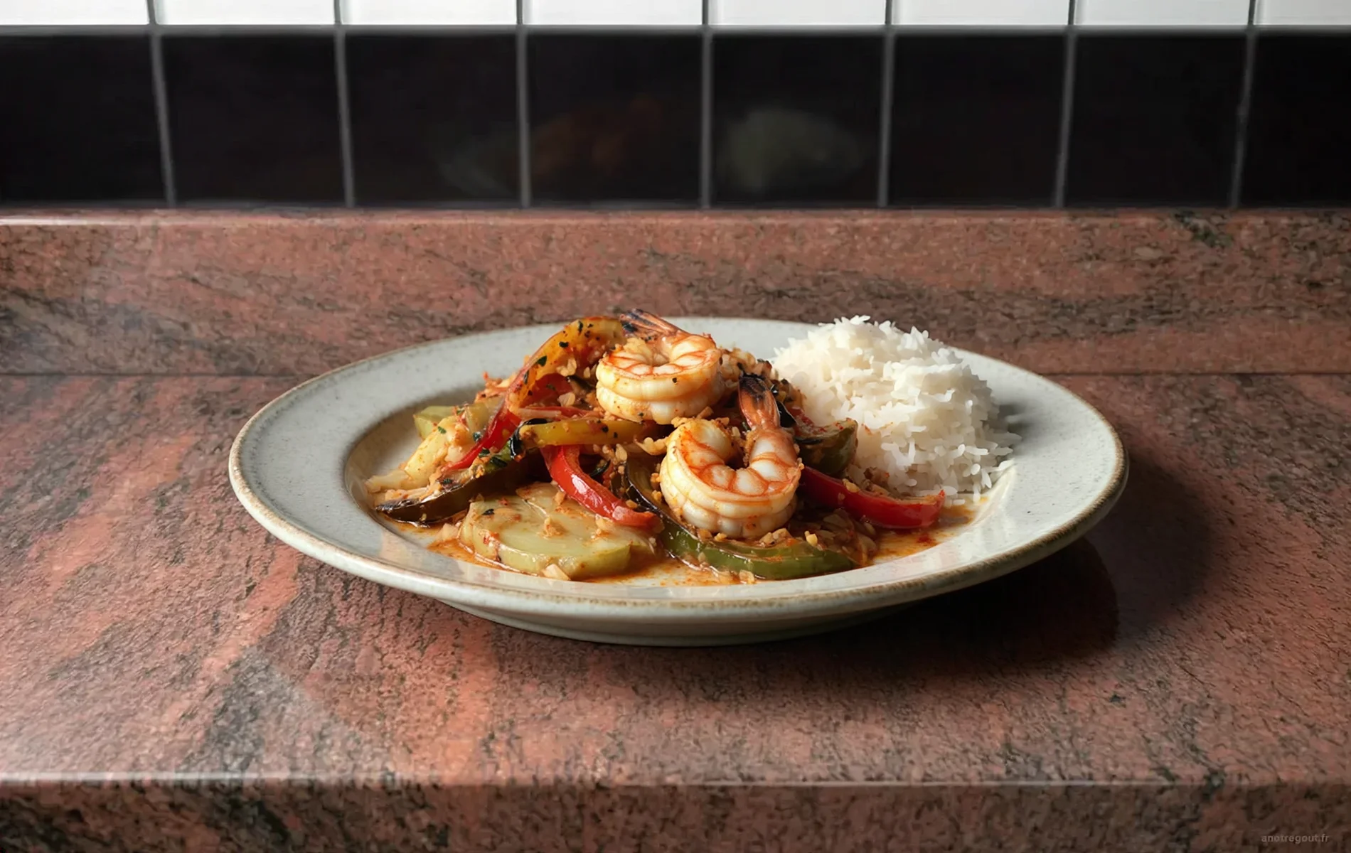 Saut&eacute; de crevettes aux chouchous et gros piments servi avec riz blanc.
