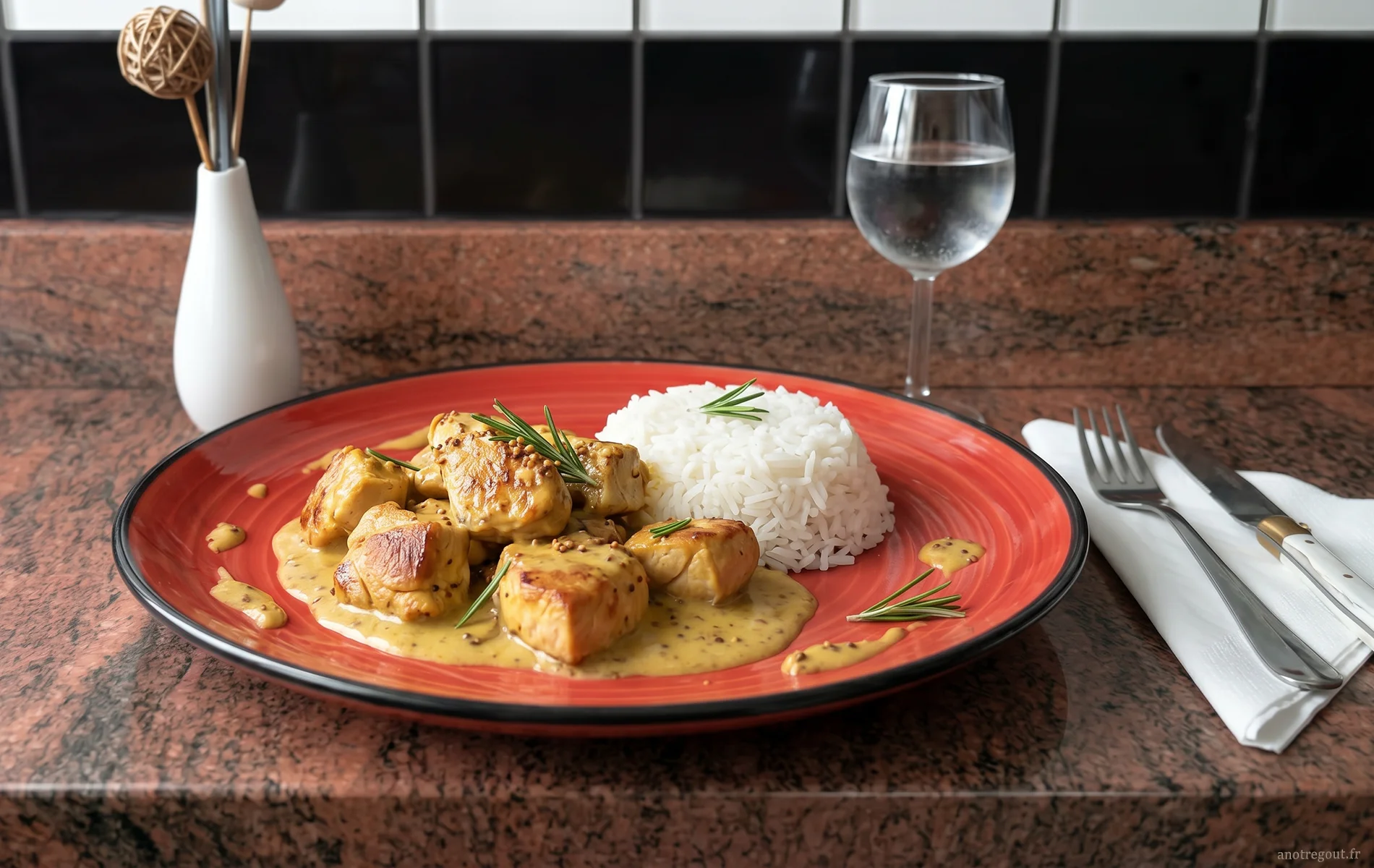 Saut&eacute; de dinde &agrave; la moutarde servi avec du riz blanc.