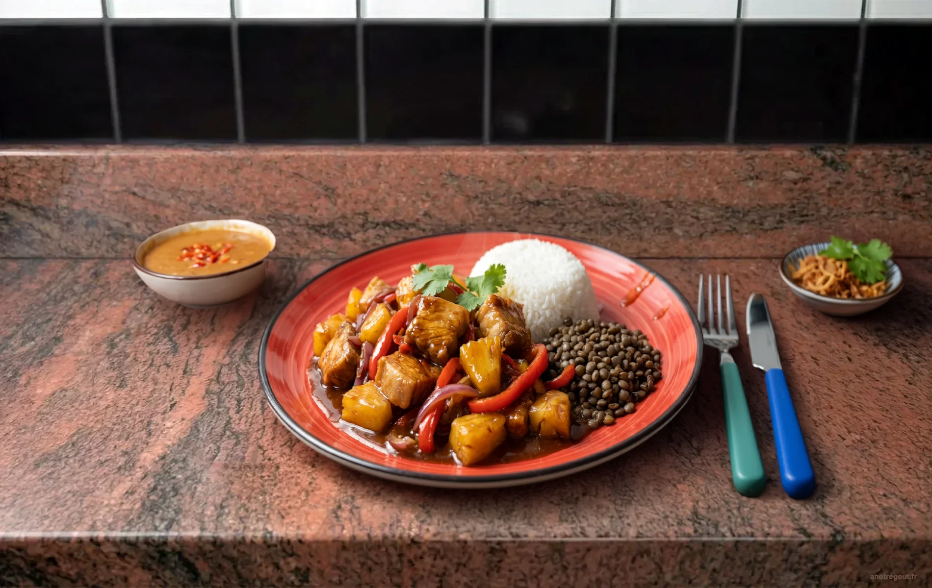 Saut&eacute; de porc &agrave; l&rsquo;ananas servi avec riz blanc et lentilles