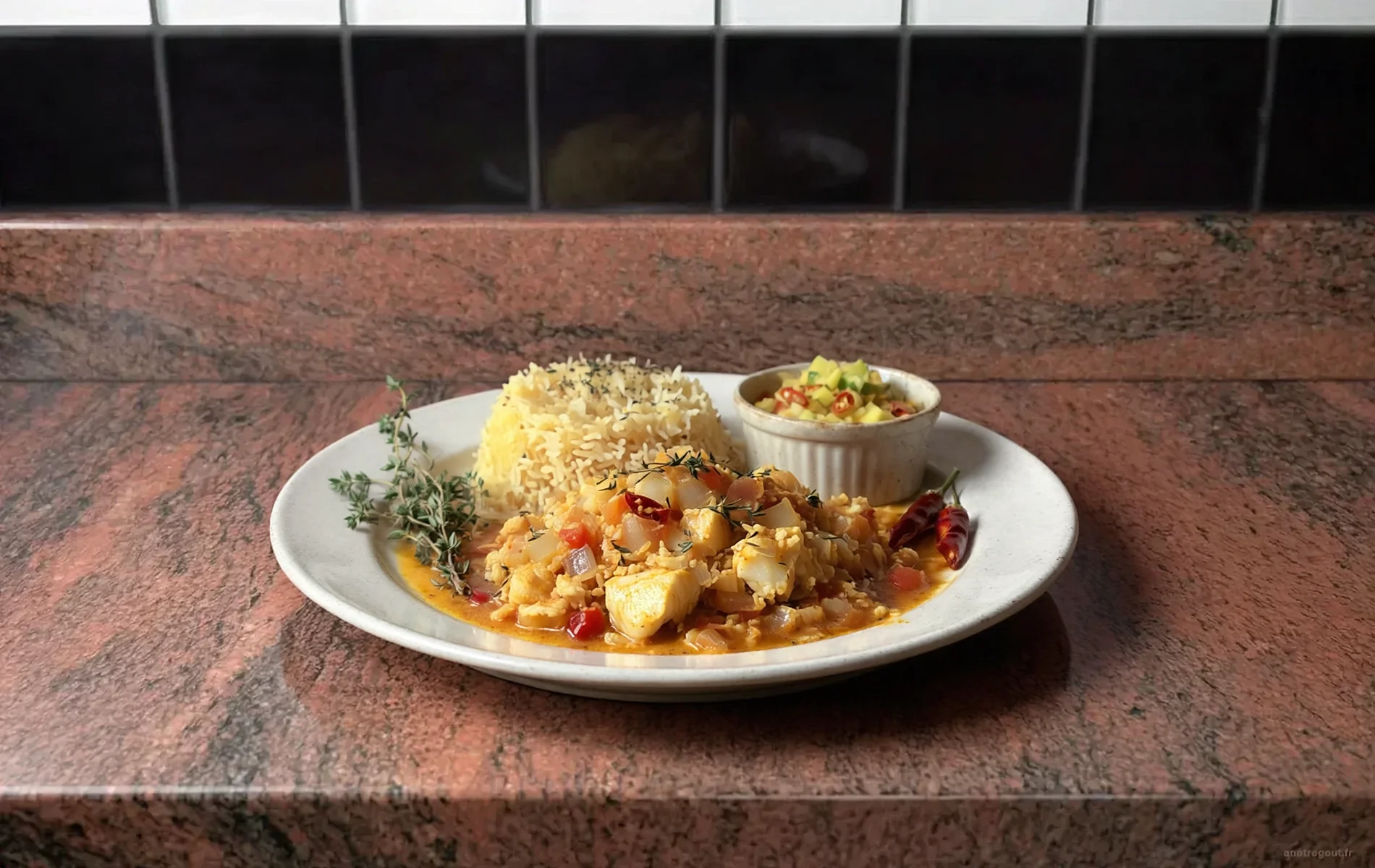 Rougail morue r&eacute;unionnais servi avec riz jaune, tomates, oignons, piments et rougail mangue verte.