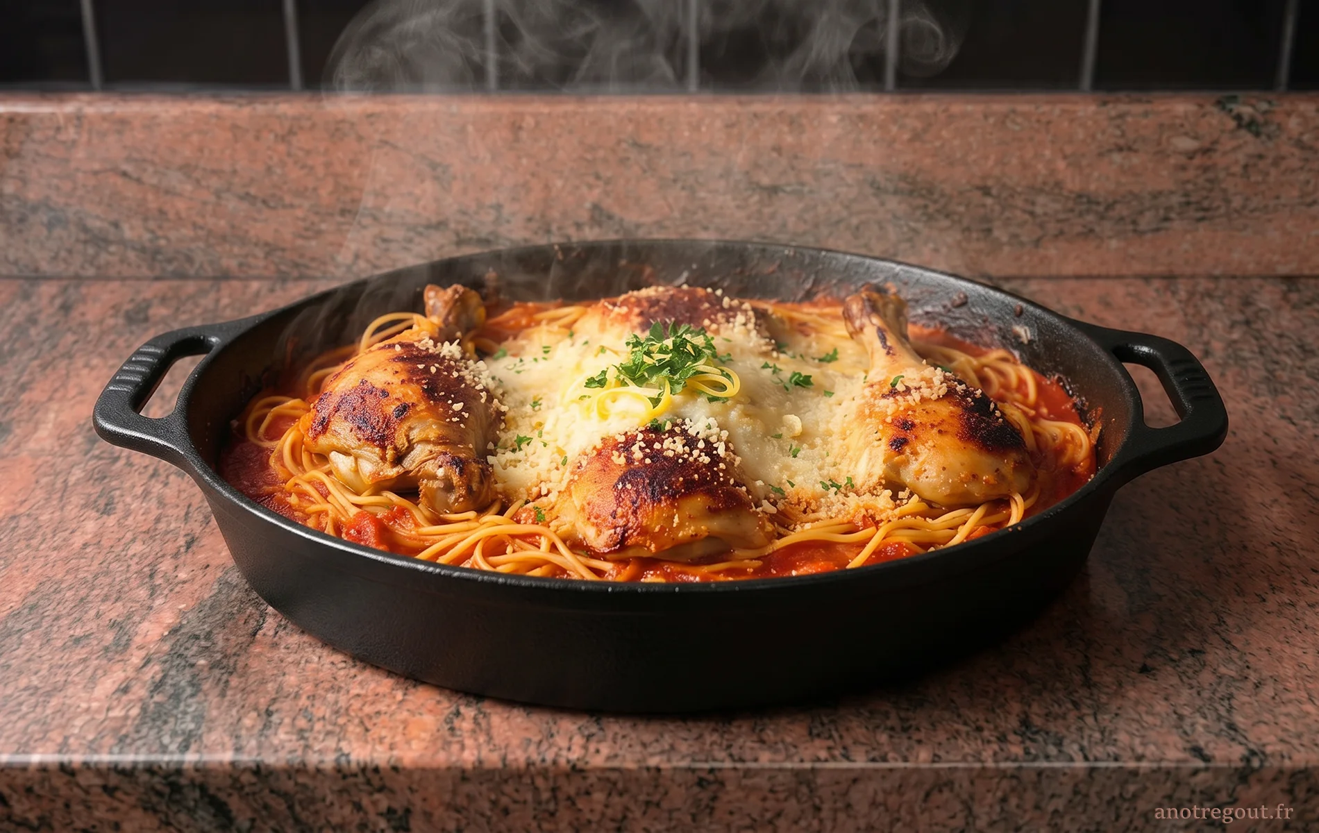 Cocotte de spaghettis croustillants au poulet gratin&eacute;.