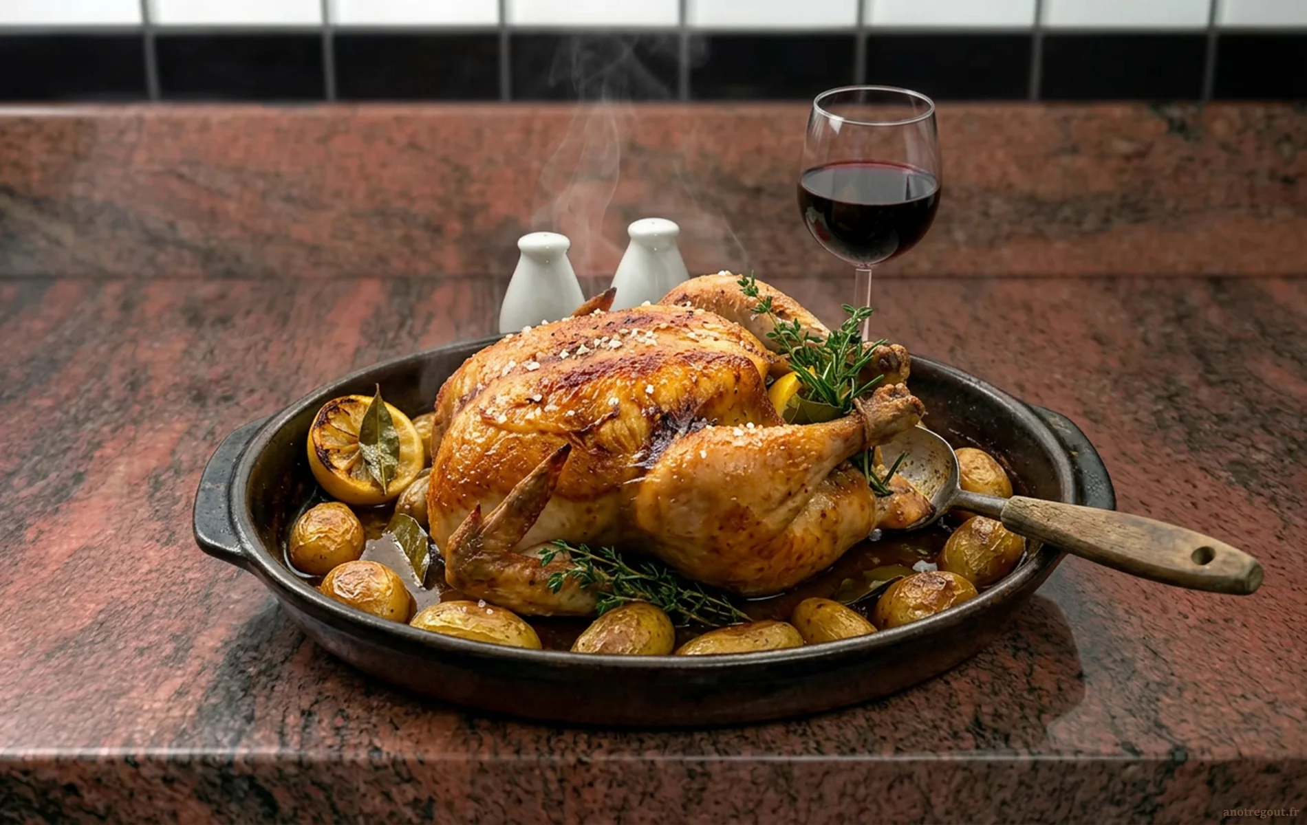 Poulet r&ocirc;ti entier croustillant avec pommes grenaille, citron r&ocirc;ti et herbes aromatiques.