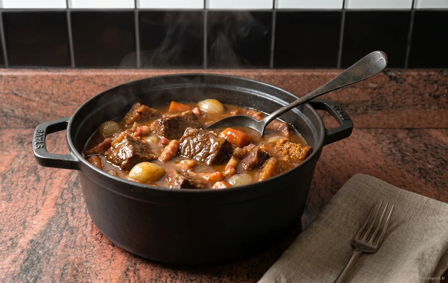 Carbonnade flamande servie fumante en cocotte avec sauce &agrave; la bi&egrave;re et viande mijot&eacute;e.