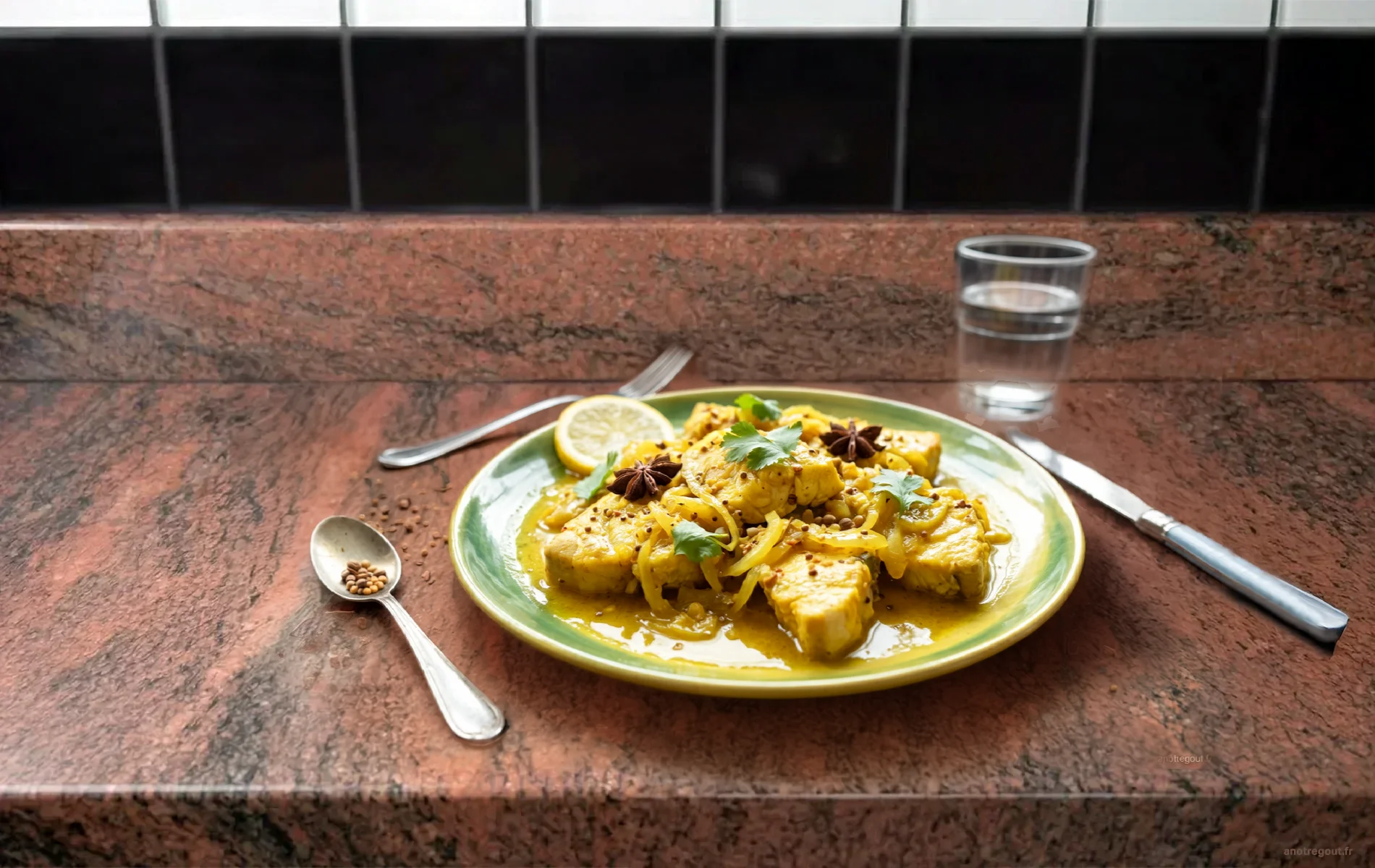 Vindaye de poisson réunionnais, morceaux de poisson dans une sauce jaune au curcuma avec oignons et épices, servi dans une assiette