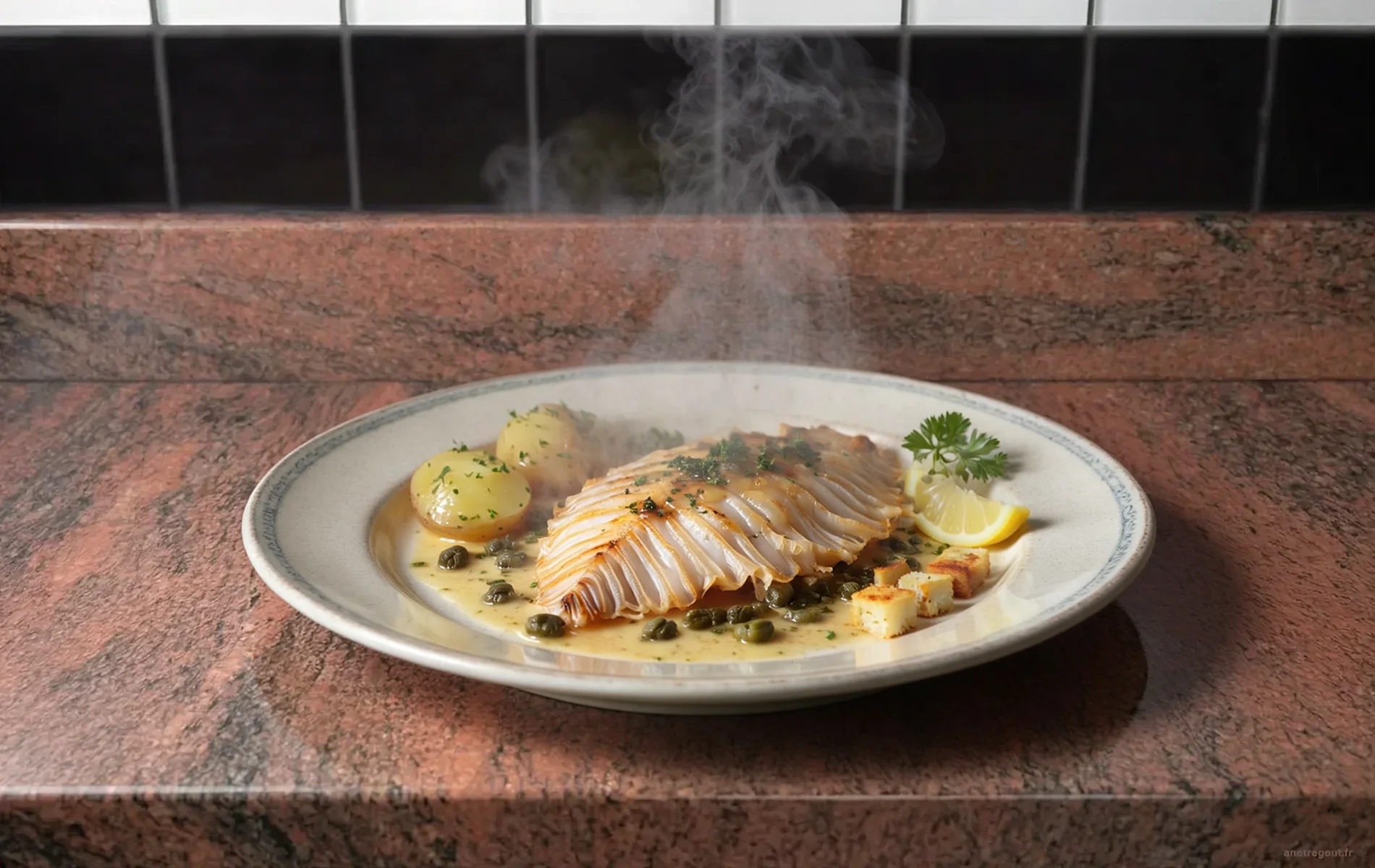 Aile de raie aux c&acirc;pres servie avec pommes de terre vapeur, citron et sauce au beurre.