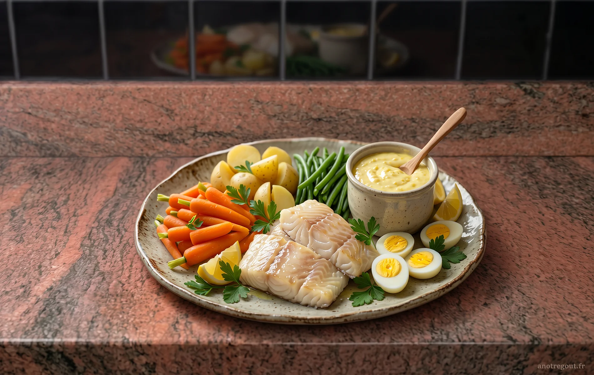 A&iuml;oli de cabillaud avec l&eacute;gumes vapeur, &oelig;ufs durs et sauce aill&eacute;e.
