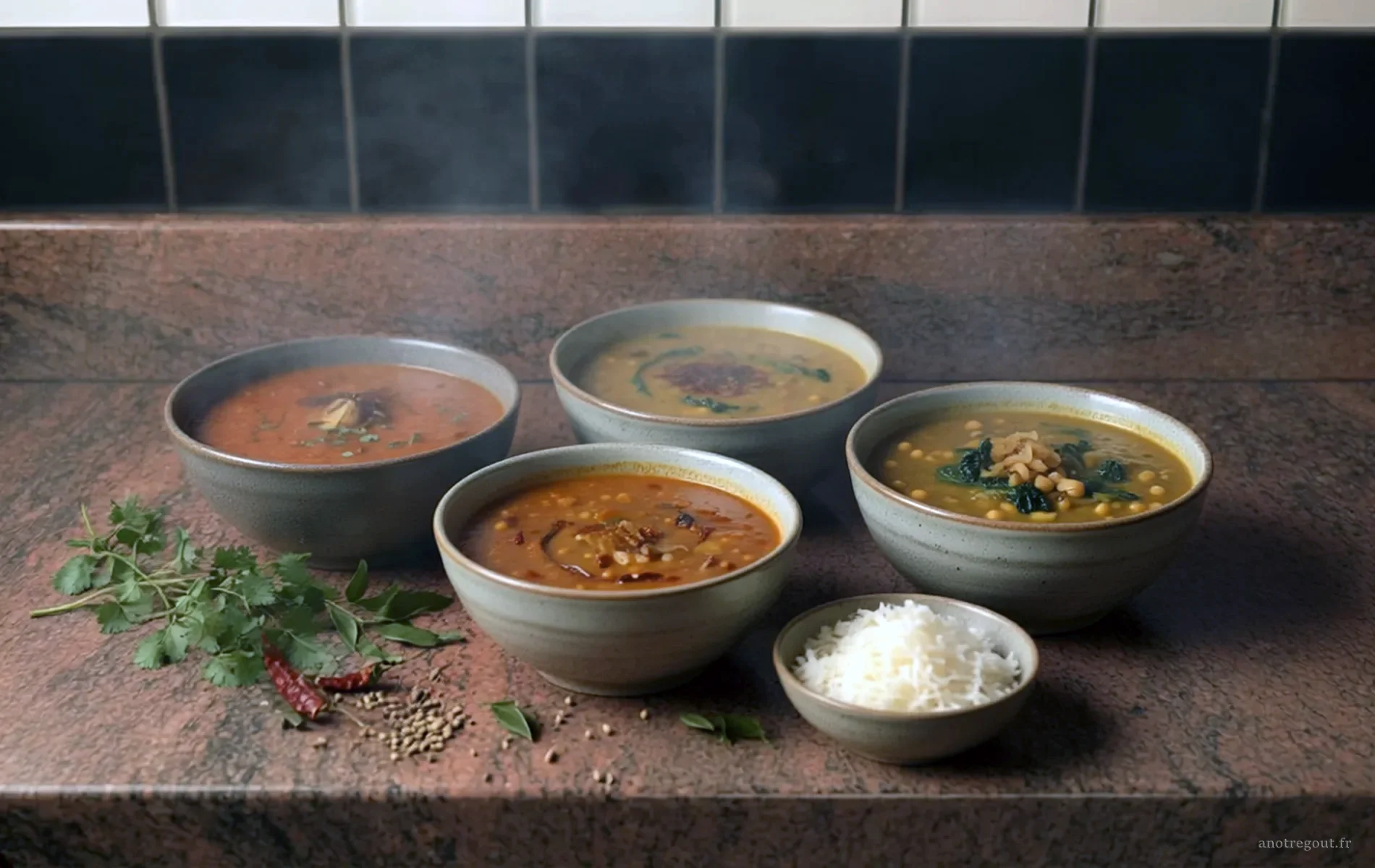 Assortiment de dals indiens et r&eacute;unionnais servis dans des bols, avec riz blanc, lentilles, pois chiches et &eacute;pinards.