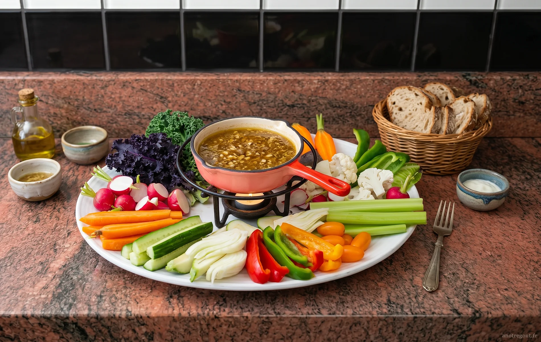 L&eacute;gumes crus de saison servis autour d&rsquo;une sauce chaude aux anchois et &agrave; l&rsquo;ail.