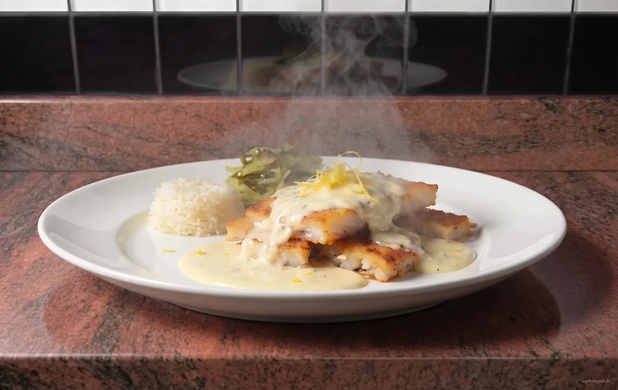 B&acirc;tonnets de l&eacute;gine sauce au citron avec riz blanc et chouchou.