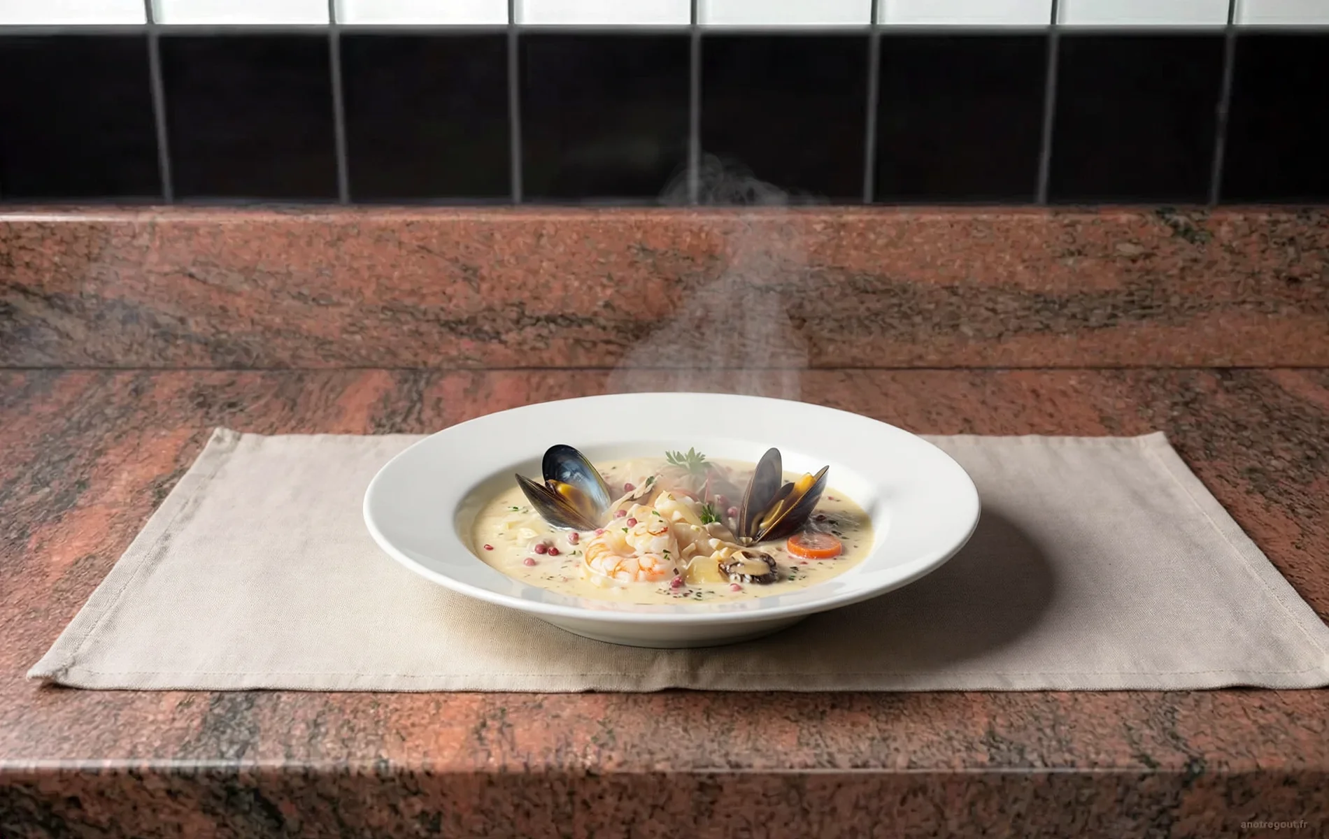 Blanquette de la mer avec morceaux de poisson, crevettes, champignons et l&eacute;gumes dans une sauce cr&eacute;meuse.