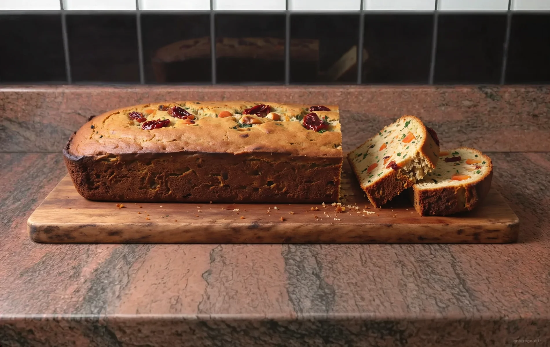 Cake au poulet tikka, tomates s&eacute;ch&eacute;es et abricots secs, pr&eacute;sent&eacute; entier avec deux tranches r&eacute;v&eacute;lant une mie moelleuse sur une planche en bois.