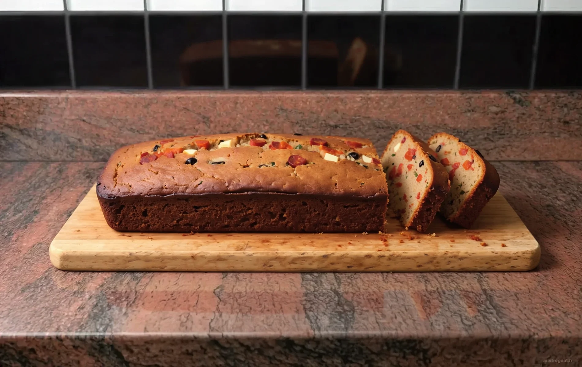 Cake au chorizo maison entier avec deux tranches, r&eacute;v&eacute;lant une mie moelleuse garnie de d&eacute;s de chorizo, de fromage et d'olives, pr&eacute;sent&eacute; sur une planche en bois.