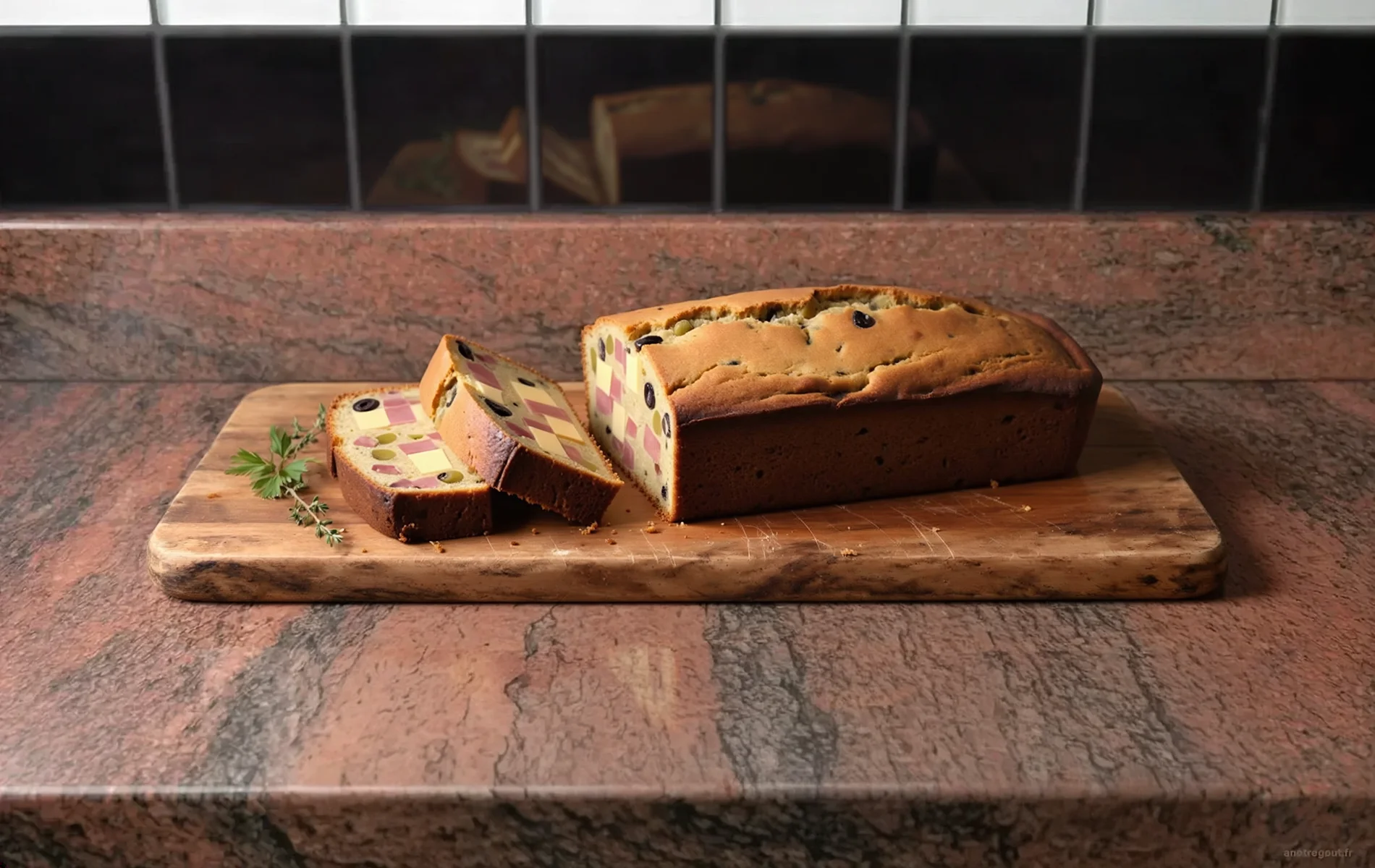 Cake sal&eacute; aux olives tranch&eacute;, garni de d&eacute;s de jambon, de fromage et d'olives, pr&eacute;sent&eacute; sur une planche en bois