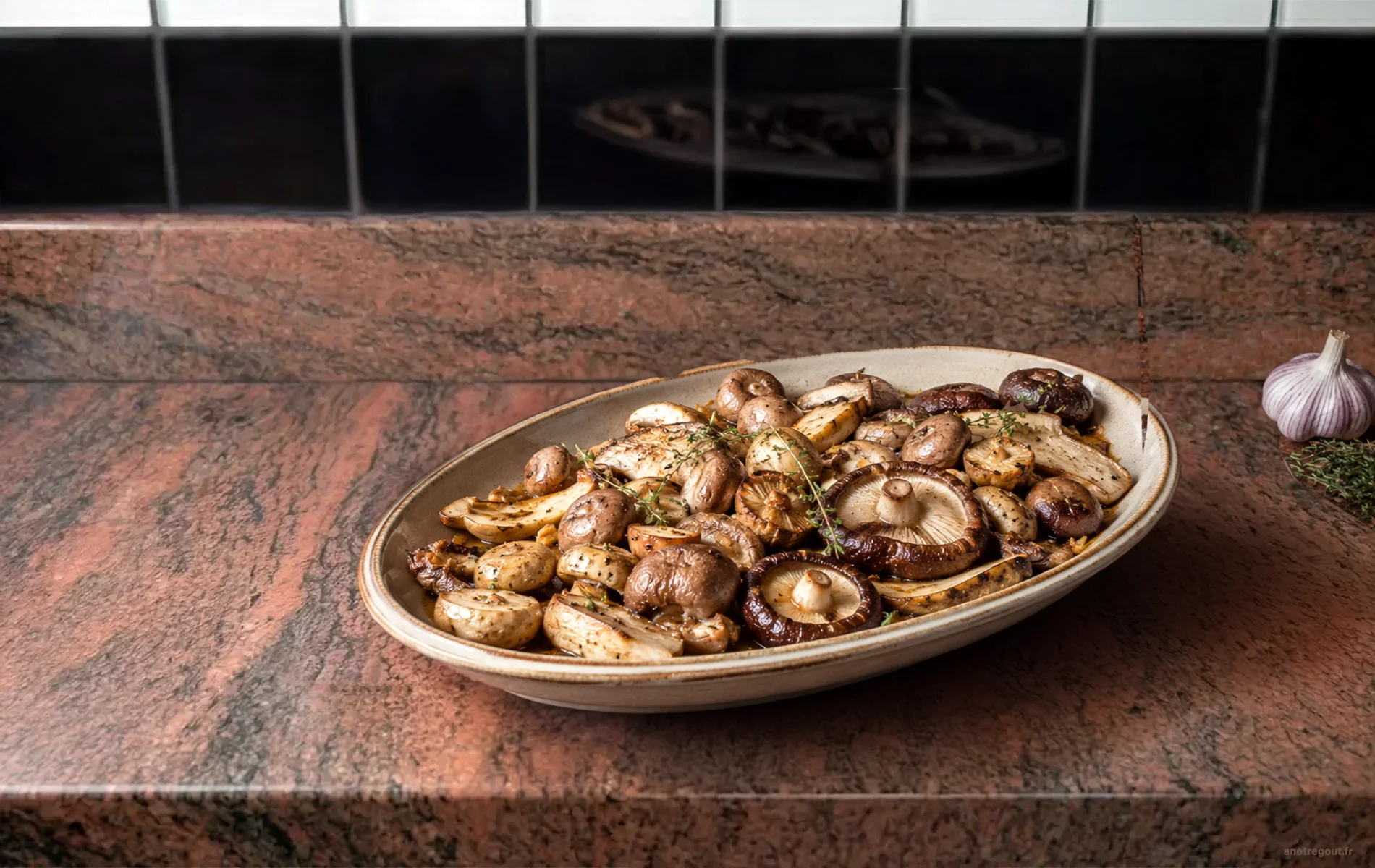 Champignons rôtis au four servis dans un plat rustique.