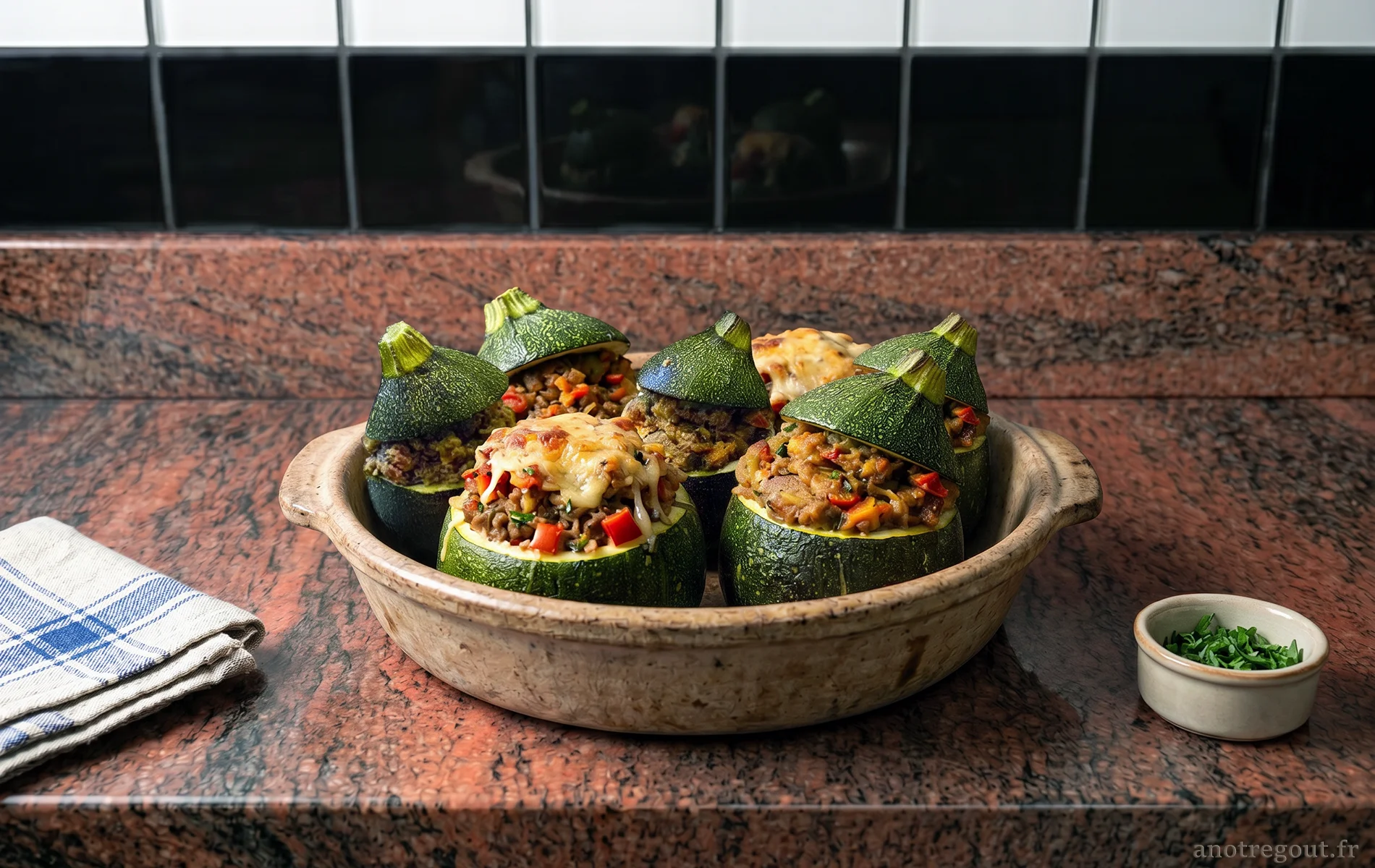 Courgettes rondes farcies &agrave; l&rsquo;agneau et gratin&eacute;es au parmesan dans un plat en terre cuite
