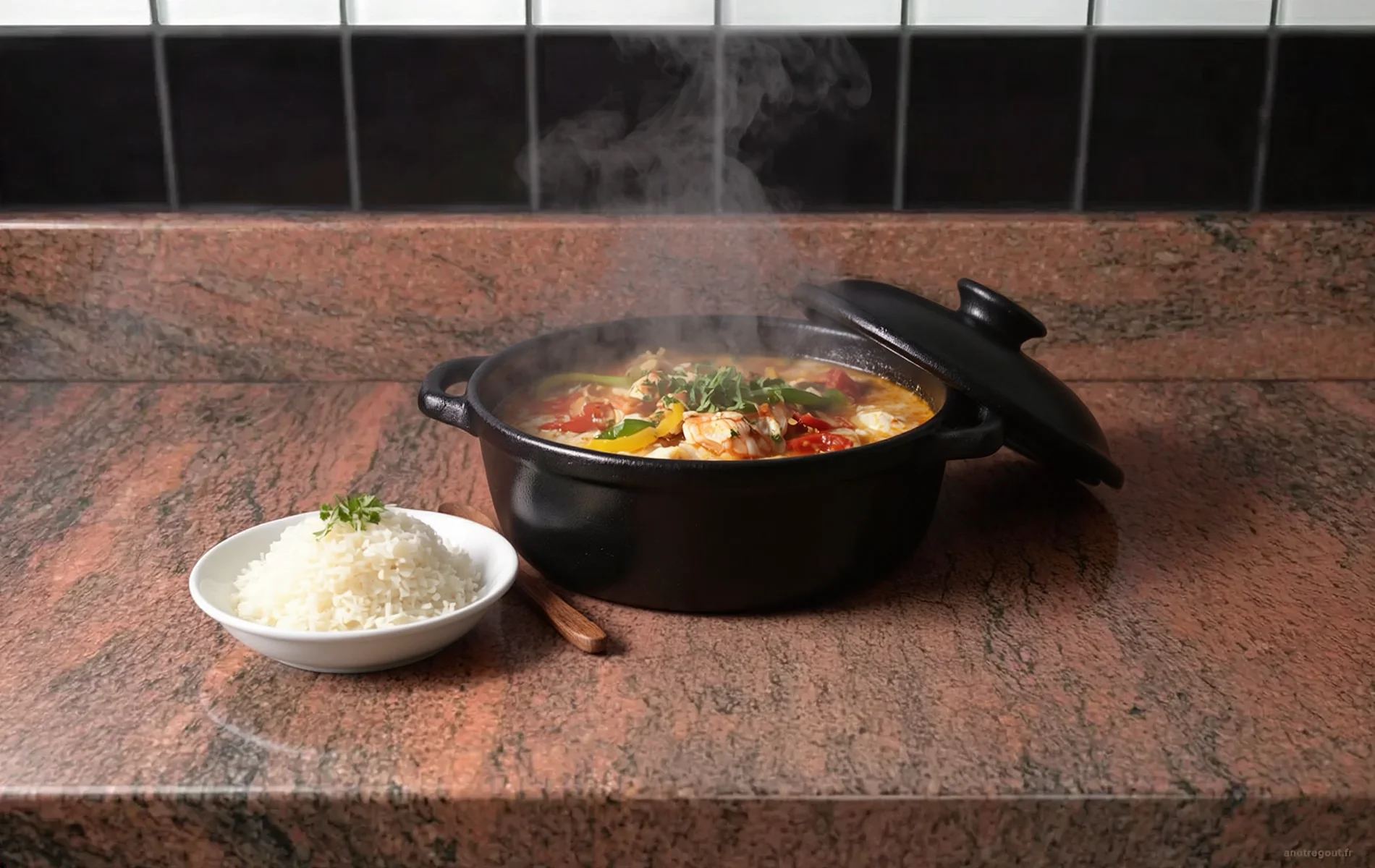 Curry tha&iuml; de crevettes au lait de coco servi avec riz blanc.