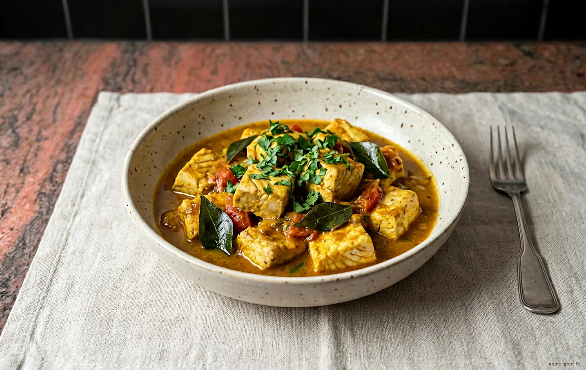 Poisson au massal&eacute; r&eacute;unionnais servi en cubes dans une sauce &eacute;pic&eacute;e aux tomates et au caloupil&eacute;.