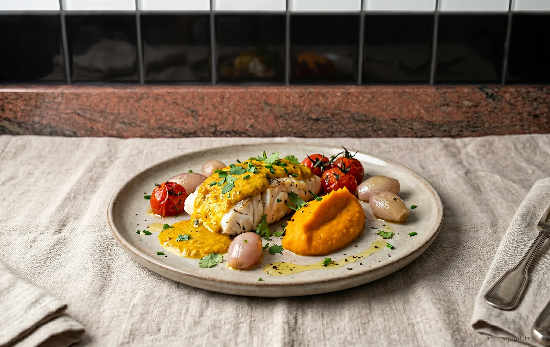 Filet de julienne au colombo et Savora accompagn&eacute; d'une pur&eacute;e de patates douces