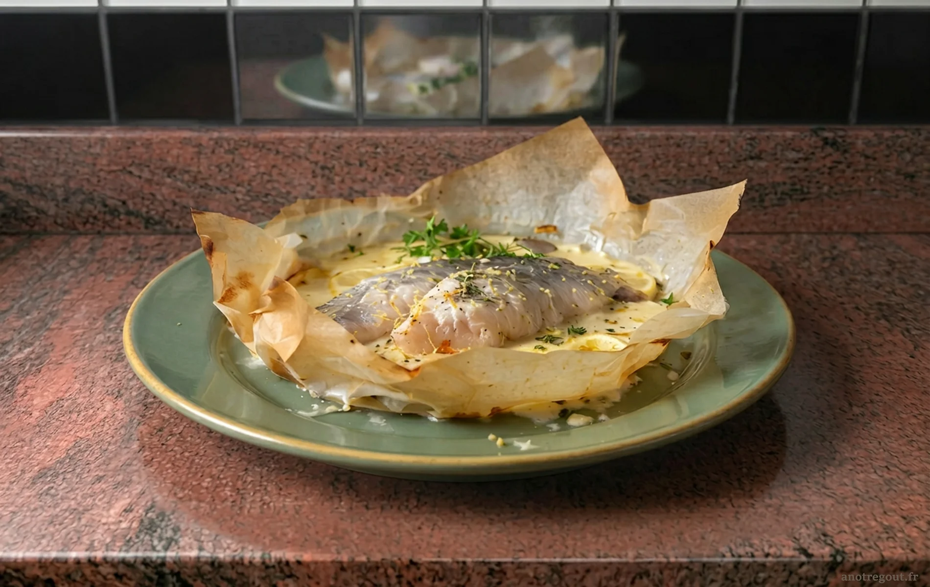 Filet de perche en papillote avec sauce moutarde-cr&egrave;me et rondelles de citron