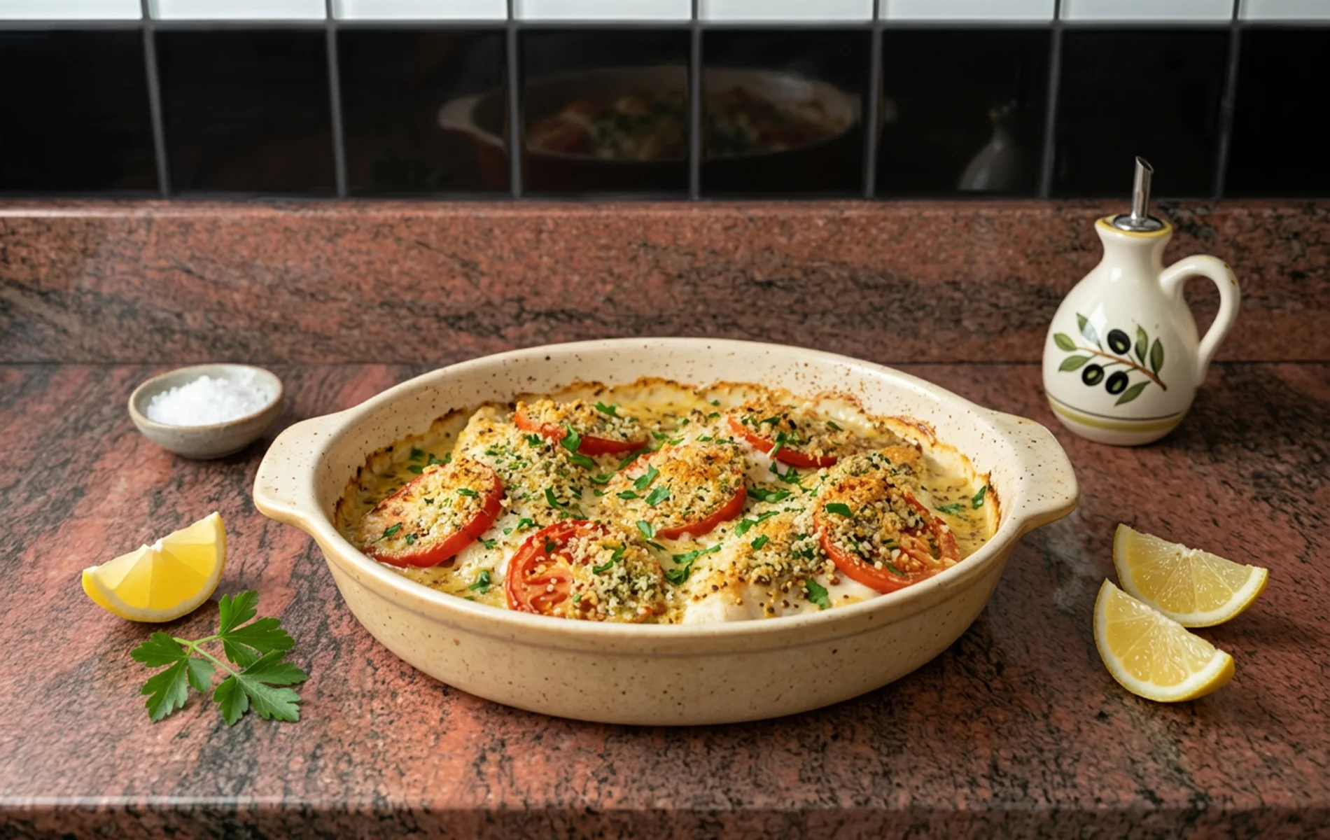 Filets de merlan gratin&eacute;s &agrave; la moutarde avec tomates et citron