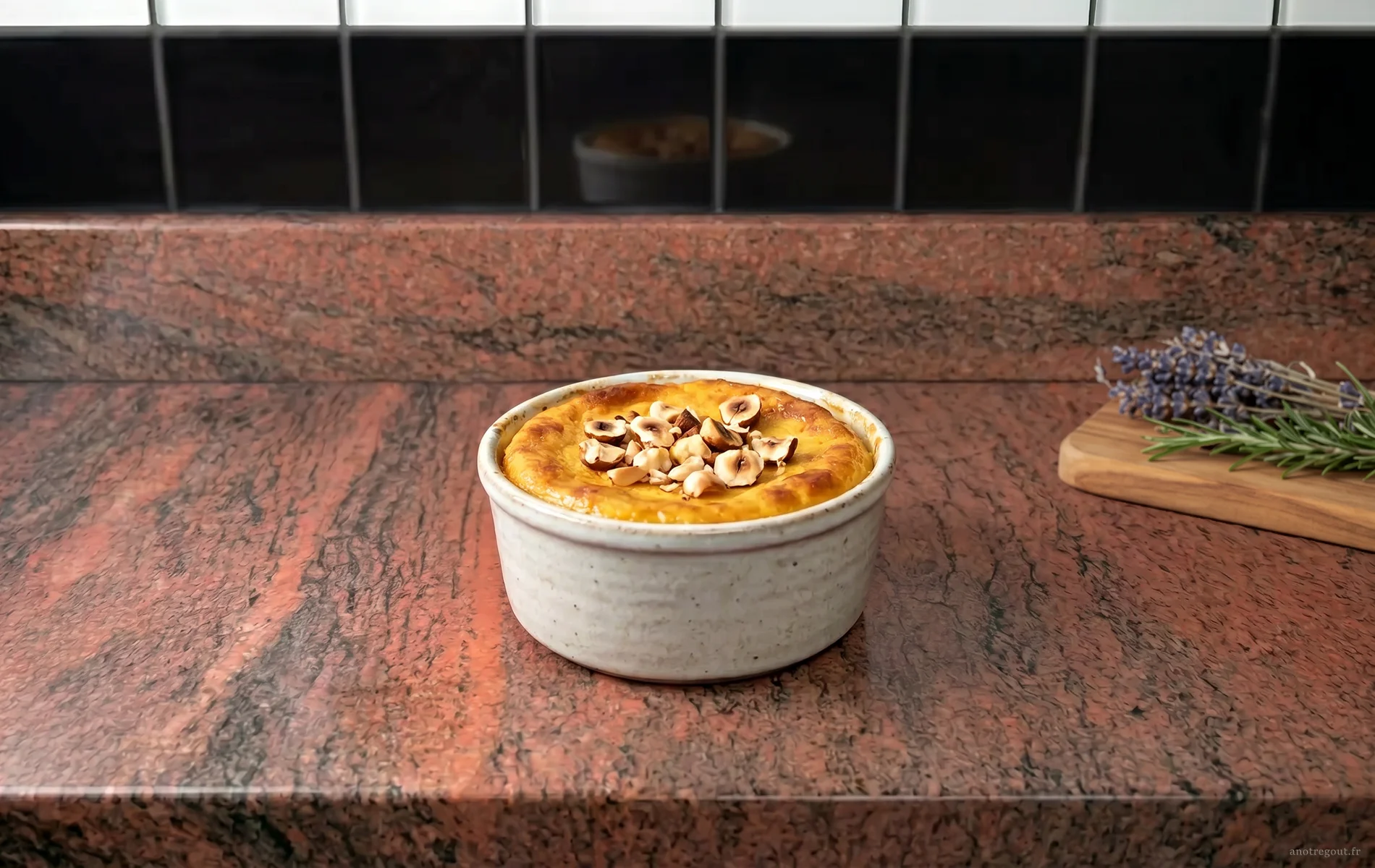 Flan de courge musquée garni de noisettes grillées.