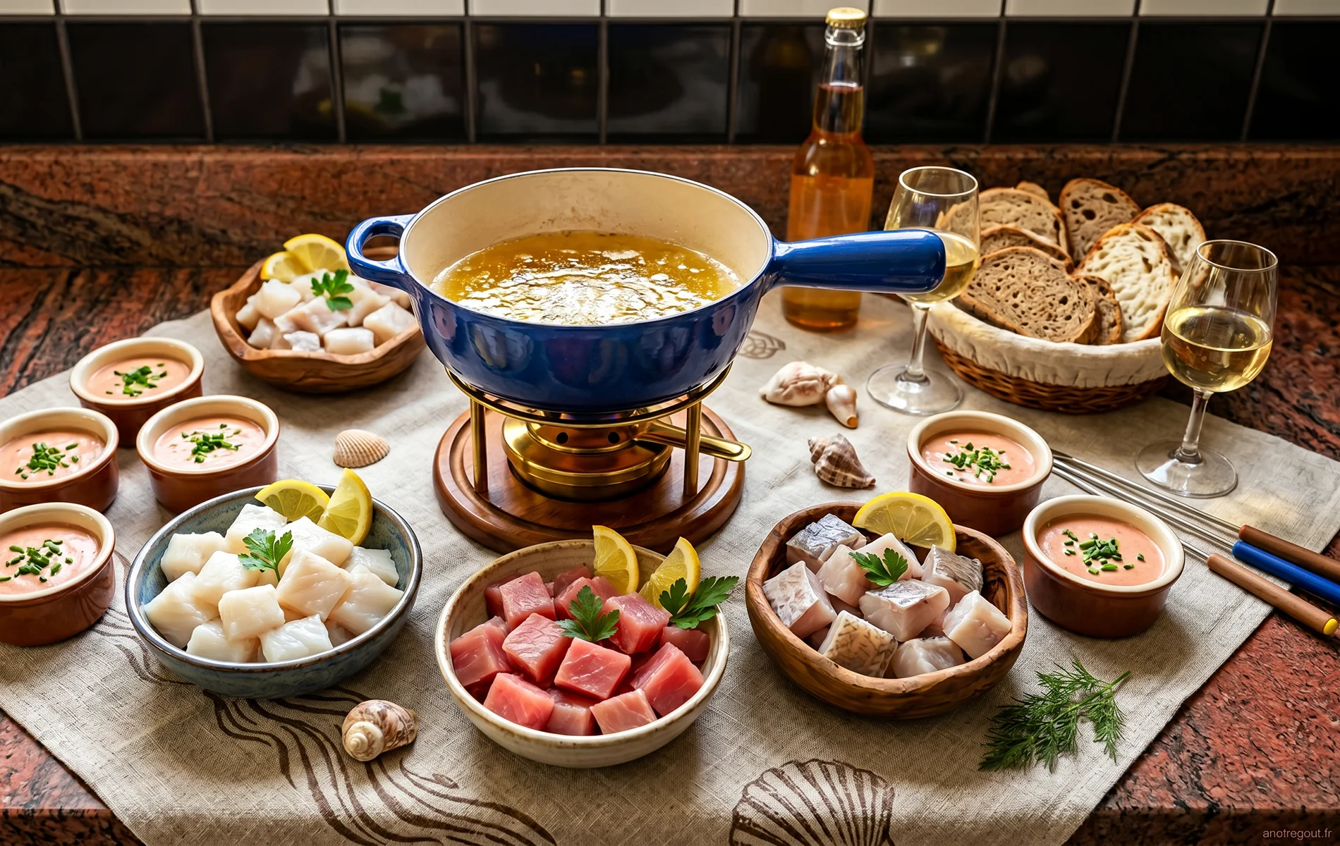 Fondue armoricaine aux poissons vari&eacute;s et sauces maison.