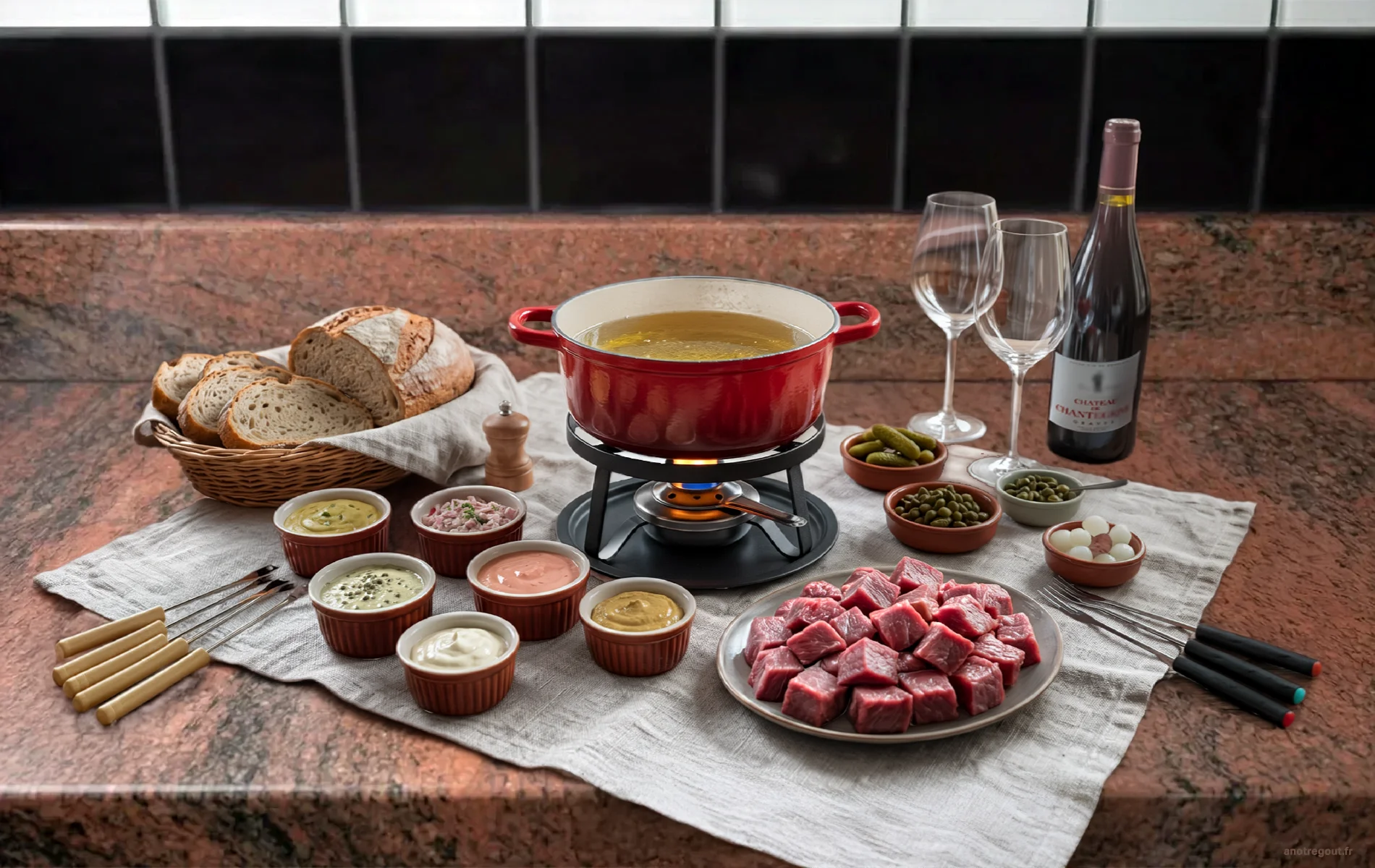 Fondue bourguignonne avec cubes de viande, sauces et condiments.