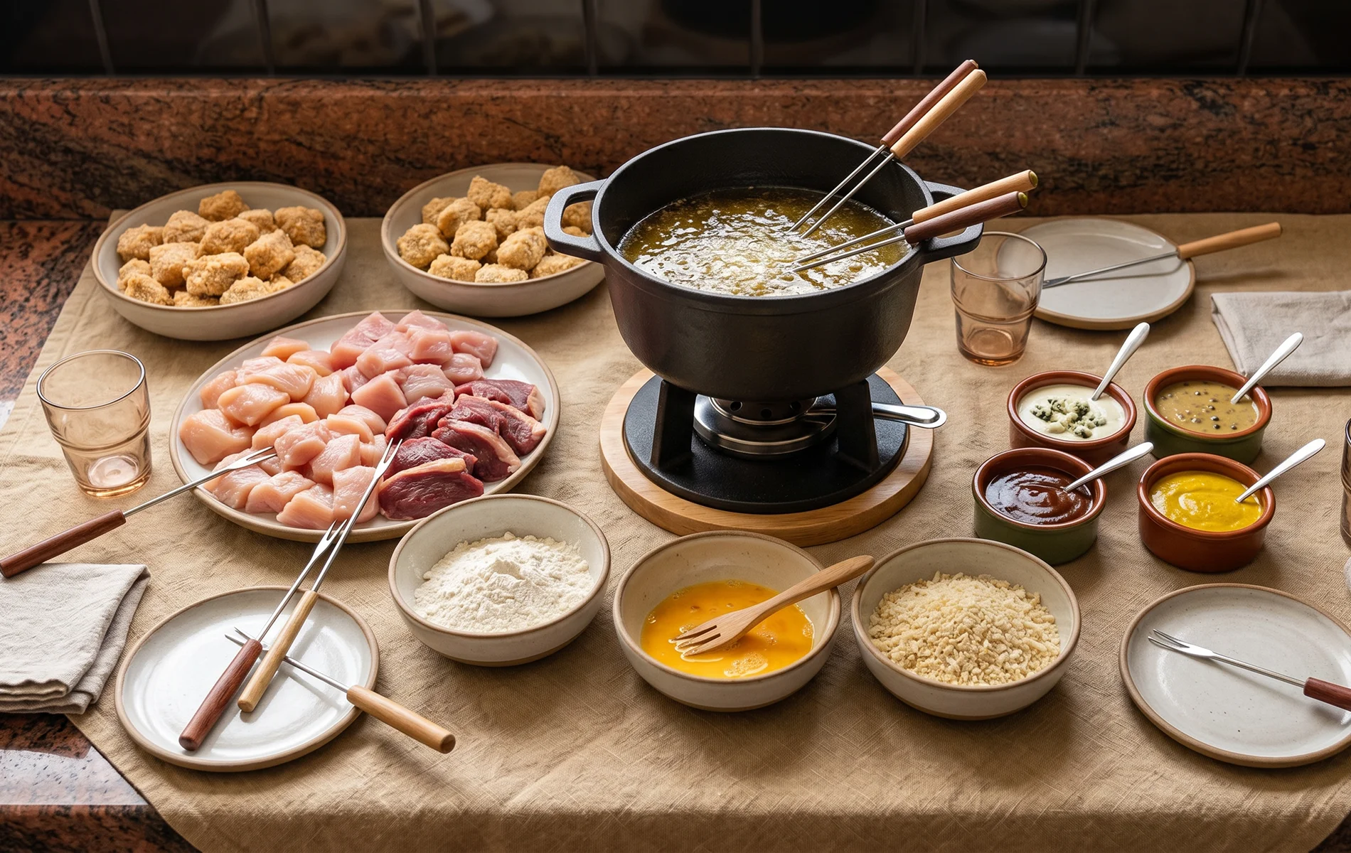 Fondue bressane avec volailles, sauces et po&ecirc;lon d&rsquo;huile chaude.