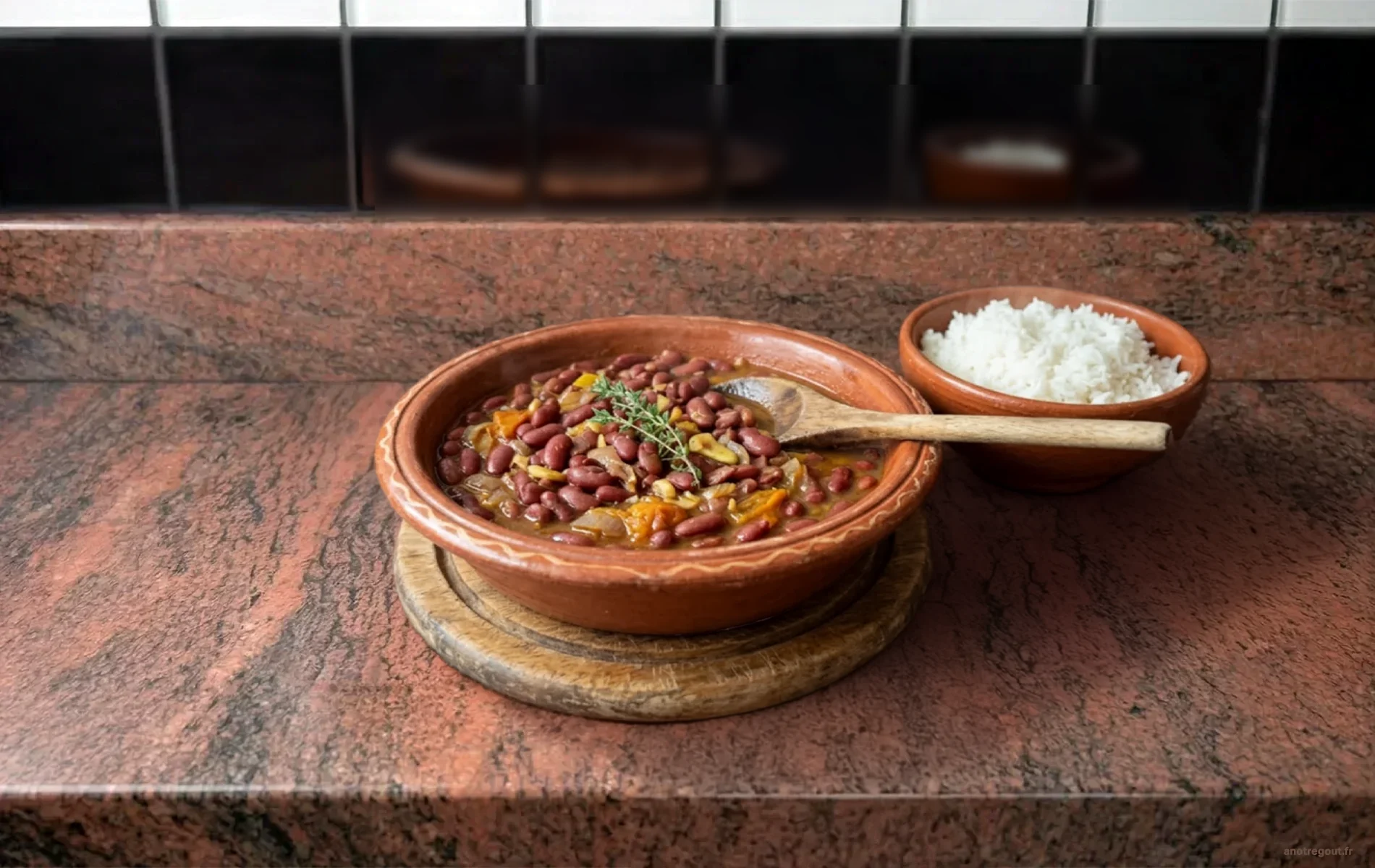 Grains &agrave; la cr&eacute;ole r&eacute;unionnais servis avec du riz blanc dans une assiette traditionnelle.