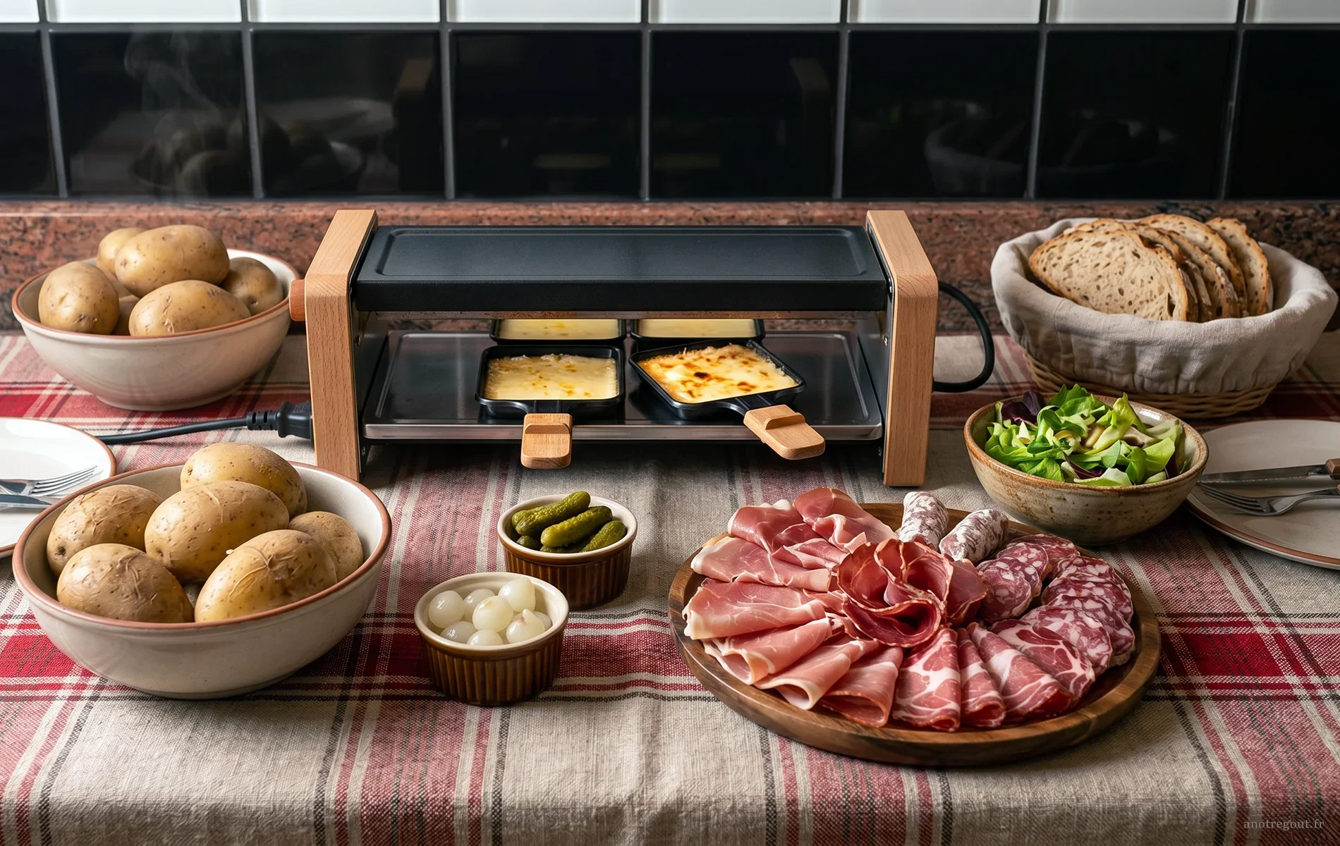 Raclette servie avec pommes de terre, charcuteries et salade.