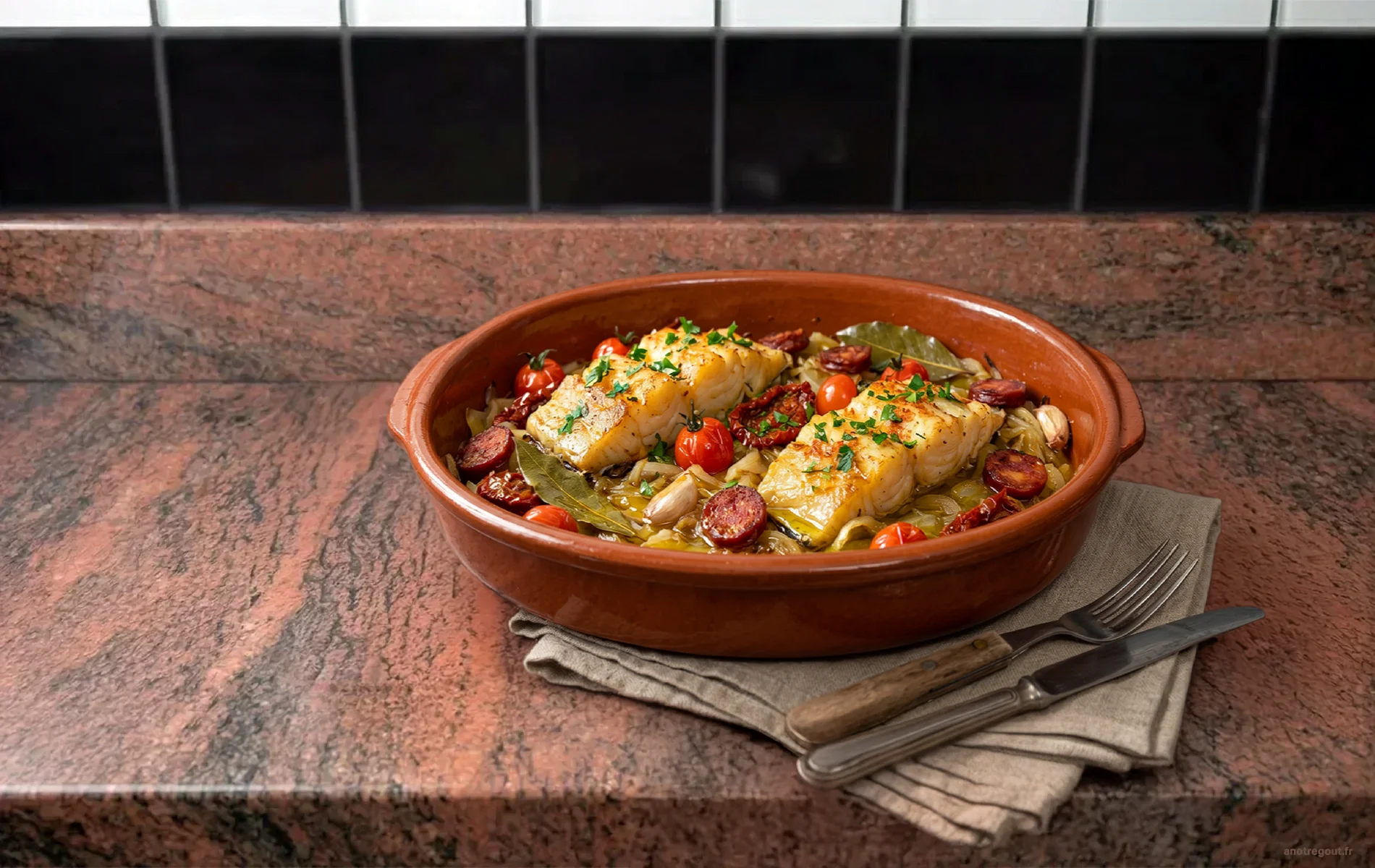 Morue au four avec chorizo, tomates et oignons confits.