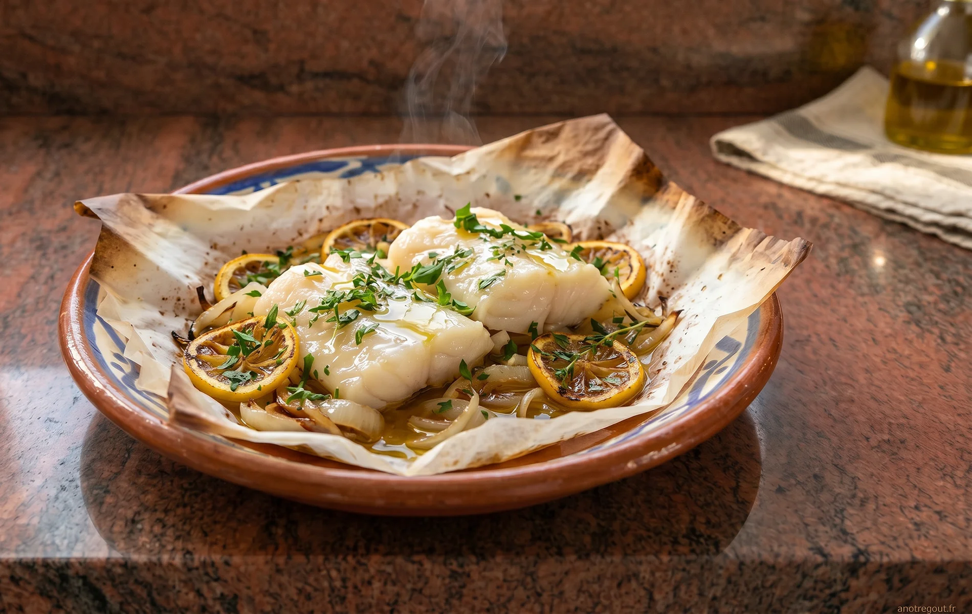 Morue en papillote avec citron grill&eacute; et oignons fondants.