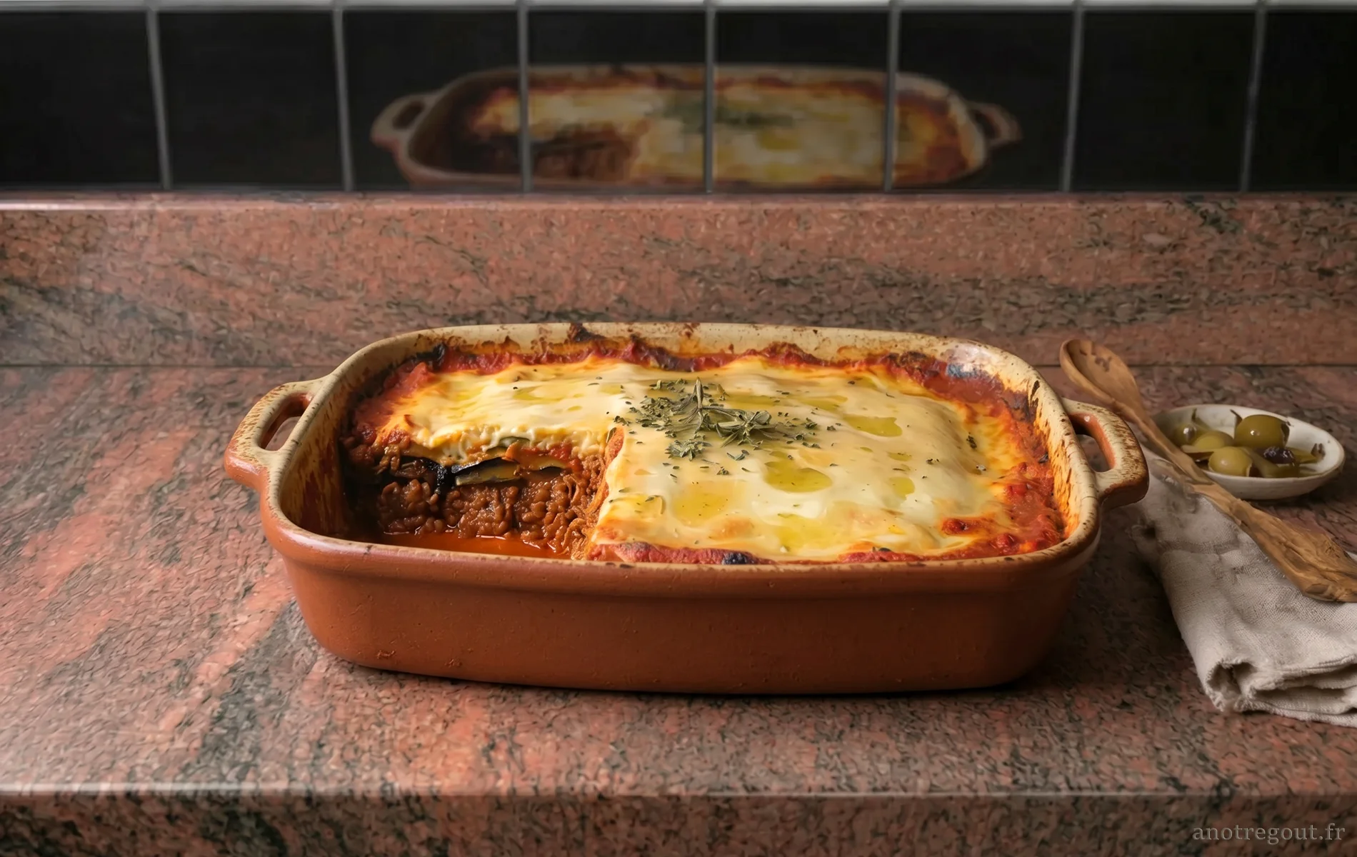 Moussaka grecque aux aubergines et &agrave; l&rsquo;agneau gratin&eacute;e au four