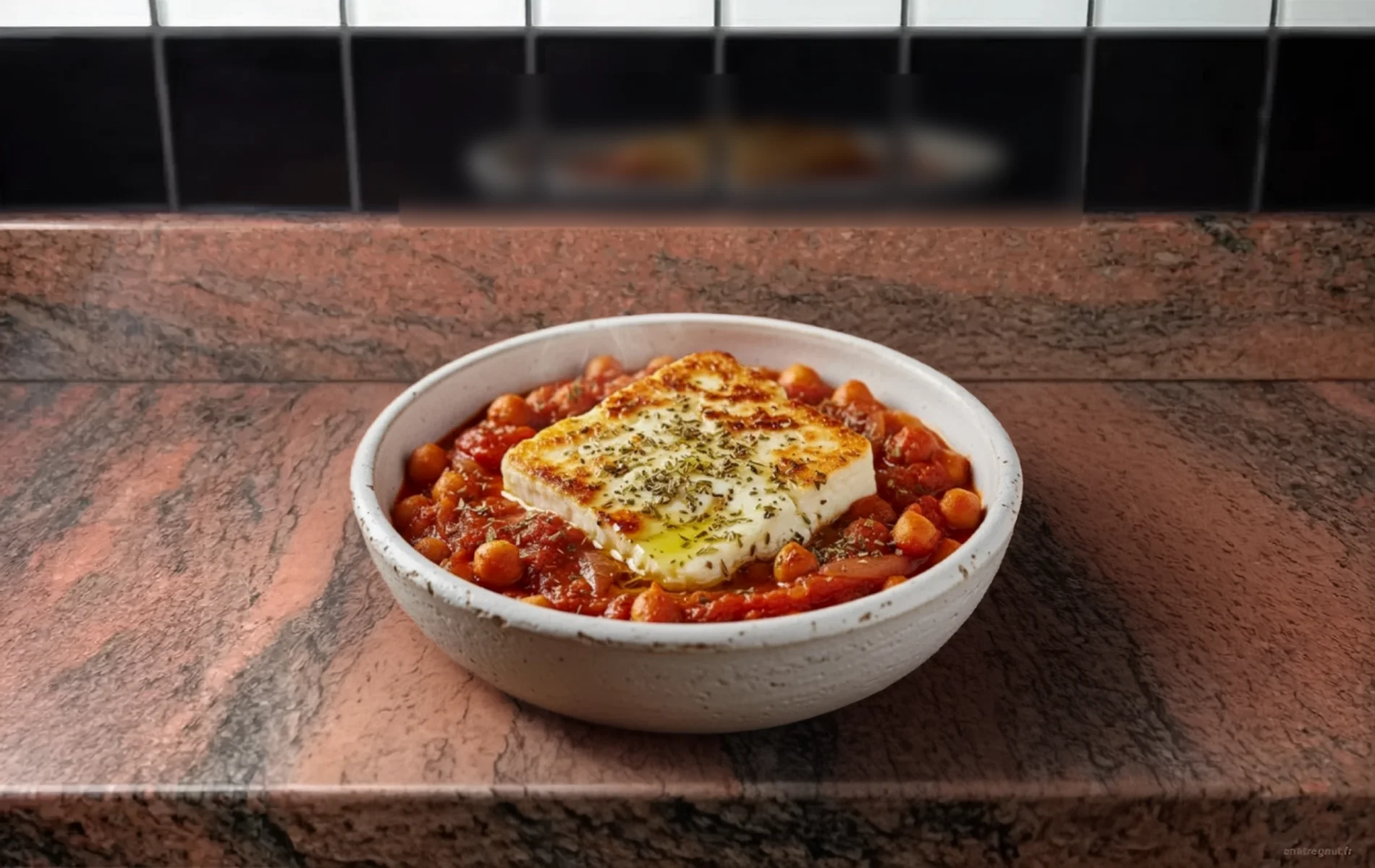 Plat de pois chiches &agrave; la f&eacute;ta gratin&eacute;e, sauce tomate parfum&eacute;e aux herbes et huile d&rsquo;olive, servi dans un plat allant au four.