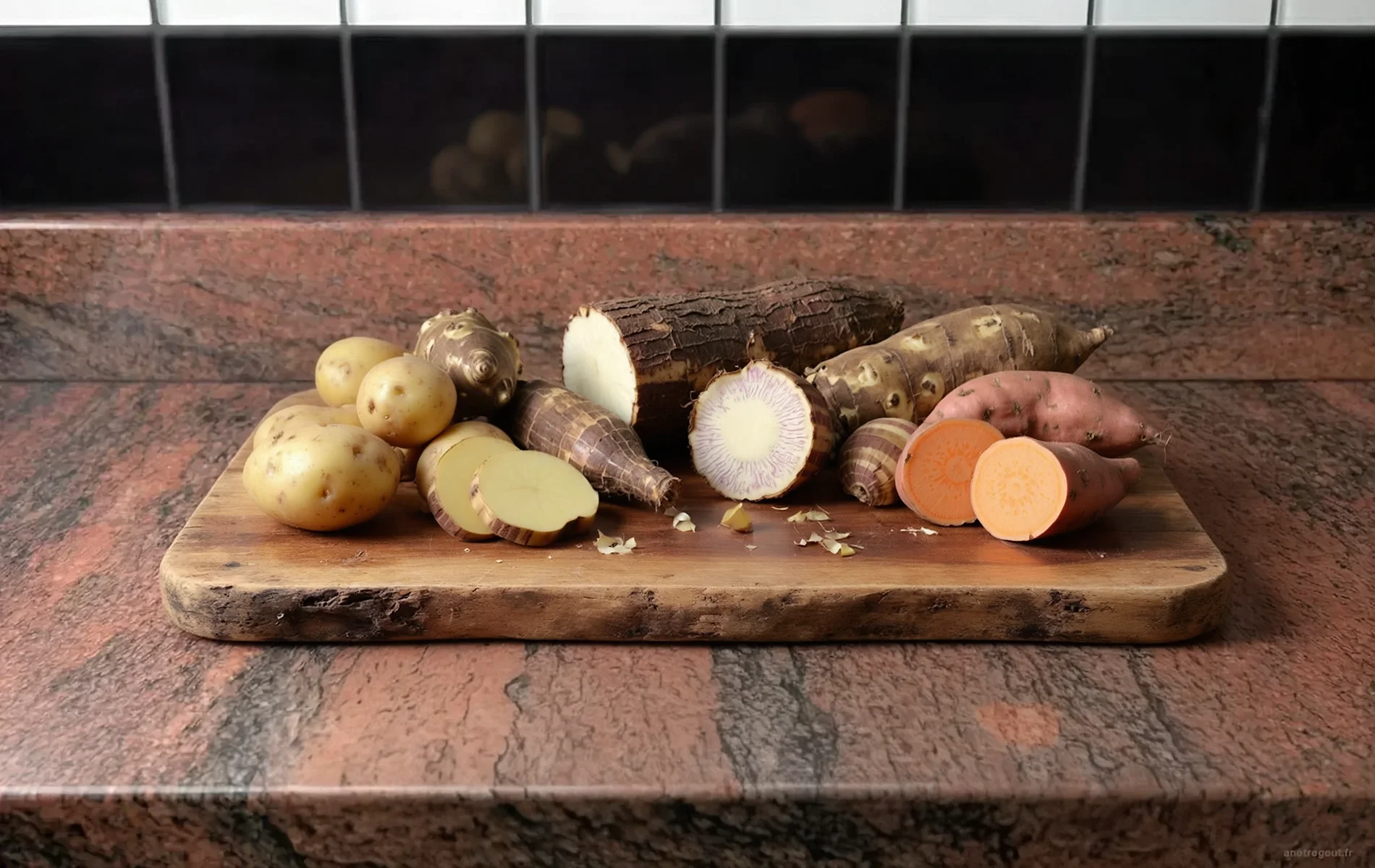 Assortiment de pommes de terre, patates douces, manioc, topinambours et autres tubercules dispos&eacute;s sur un plan de travail en granit rouge dans une ambiance proven&ccedil;ale.