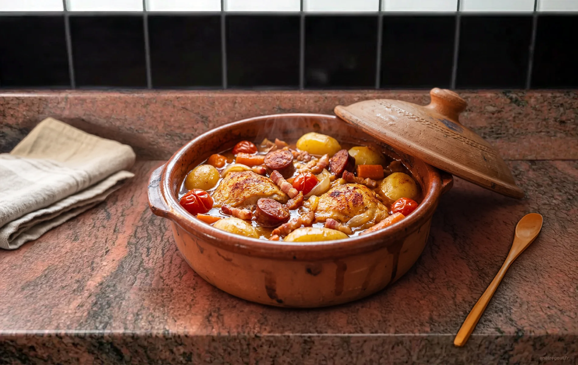 Poulet na p&uacute;cara portugais mijot&eacute; dans un plat en terre cuite.