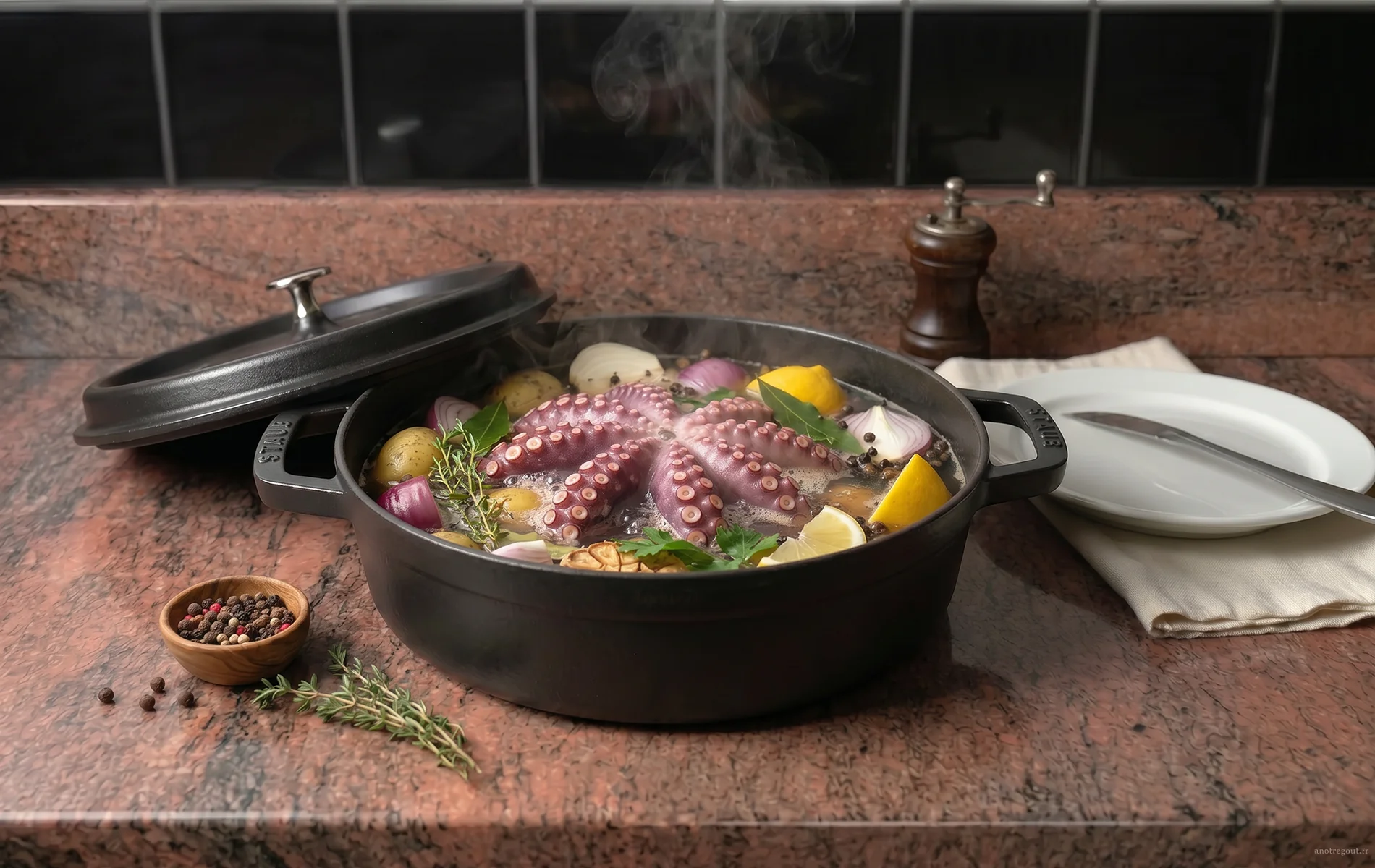 Poulpe en cuisson dans une cocotte avec citron, oignons, thym et aromates.