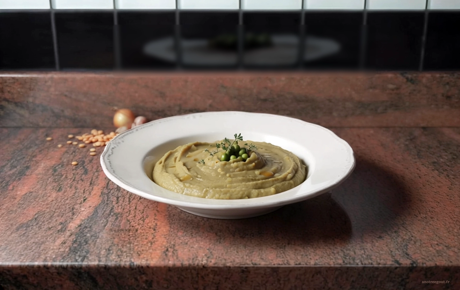 Deux pur&eacute;es de pois cass&eacute;s servies dans des assiettes blanches : une pur&eacute;e Saint-Germain fran&ccedil;aise et une fava grecque de Santorin &agrave; l&rsquo;huile d&rsquo;olive, pr&eacute;sent&eacute;es sur un plan de travail en granit rouge dans une ambiance proven&ccedil;ale.