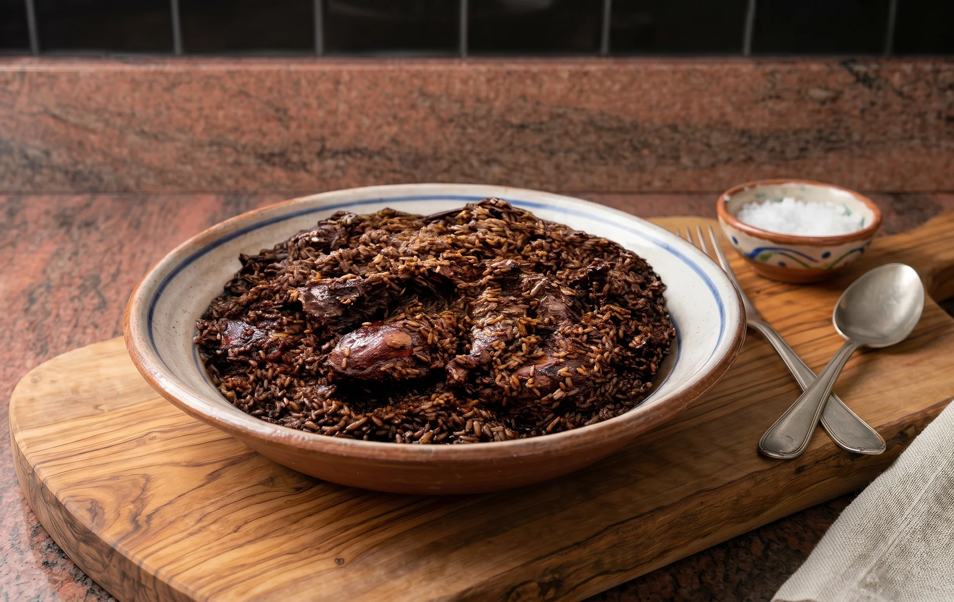 Riz de poulet portugais sombre et crémeux servi dans une assiette creuse.