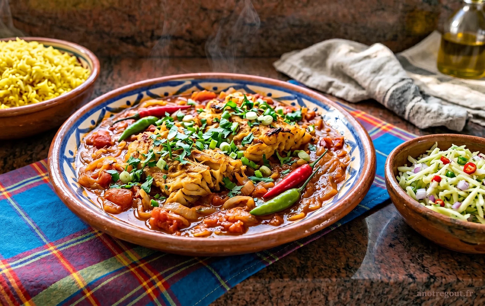 Rougail morue r&eacute;unionnais avec riz jaune et rougail mangue verte.