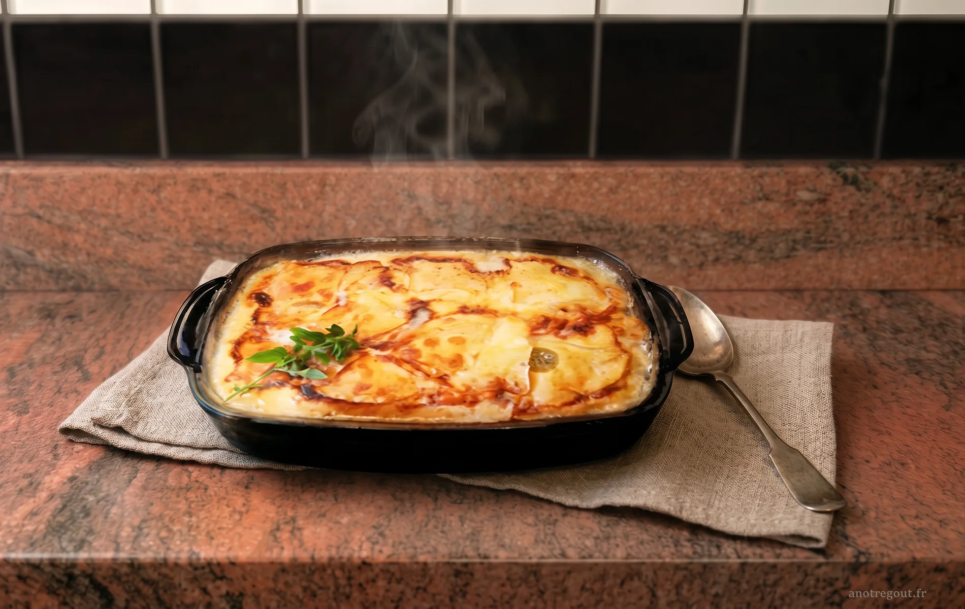 Plat de tartiflette gratin&eacute;e au reblochon et aux lardons.