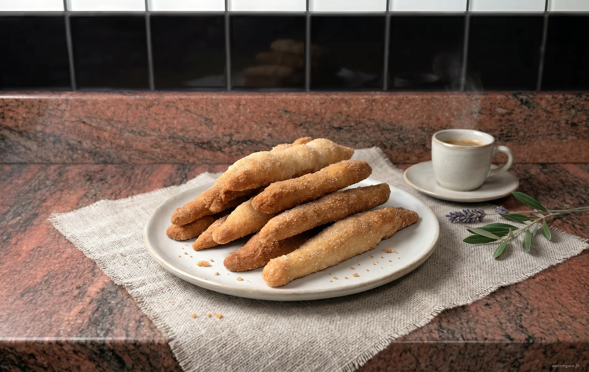 Z&eacute;zettes de S&egrave;te dor&eacute;es et l&eacute;g&egrave;rement sucr&eacute;es, pr&eacute;sent&eacute;es dans une assiette avec une tasse de caf&eacute;.