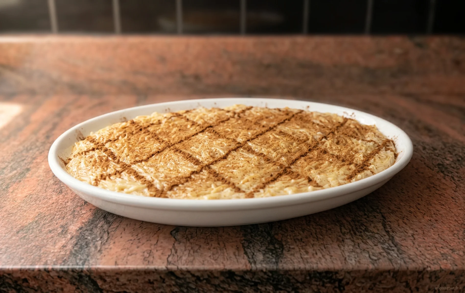 Aletria, dessert traditionnel portugais aux vermicelles au lait, d&eacute;cor&eacute; d'un motif en losanges r&eacute;alis&eacute; avec de la cannelle.