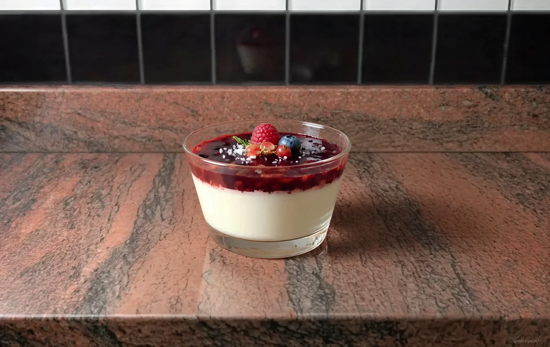 Panna cotta au lait de coco servie avec un coulis de fruits rouges et décorée de quelques fruits rouges frais.