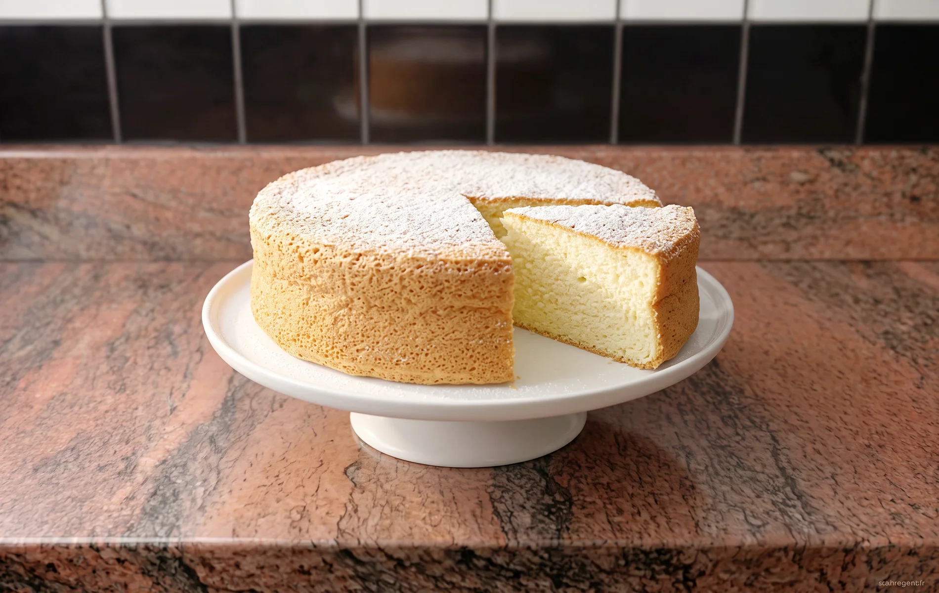 Biscuit de Savoie maison saupoudr&eacute; de sucre glace, pr&eacute;sent&eacute; sur un plat &agrave; g&acirc;teau blanc avec une part d&eacute;coup&eacute;e