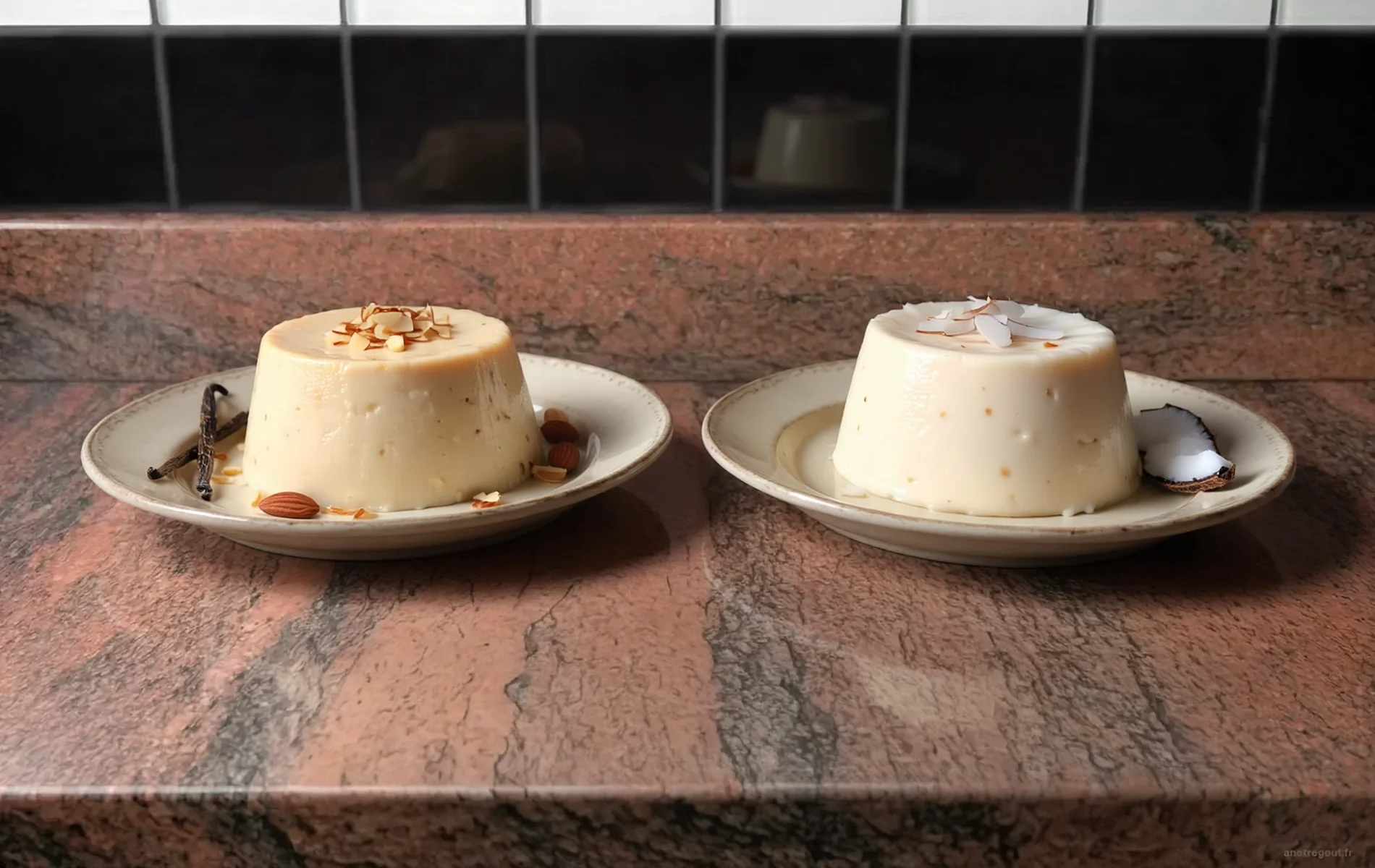 Deux blancs-mangers maison pr&eacute;sent&eacute;s c&ocirc;te &agrave; c&ocirc;te, l&rsquo;un aux amandes avec des amandes effil&eacute;es et l&rsquo;autre &agrave; la noix de coco, sur un plan de travail en granit.