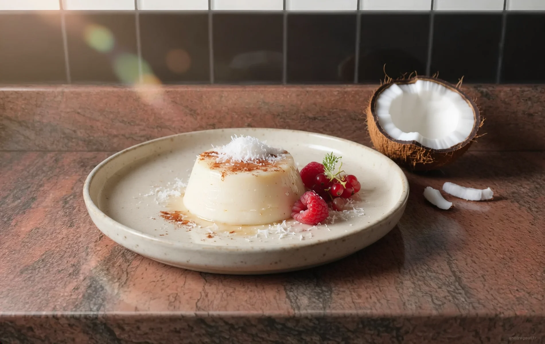 Blanc-manger coco à l'agar-agar, spécialité martiniquaise, servi avec des fruits rouges et de la noix de coco râpée.