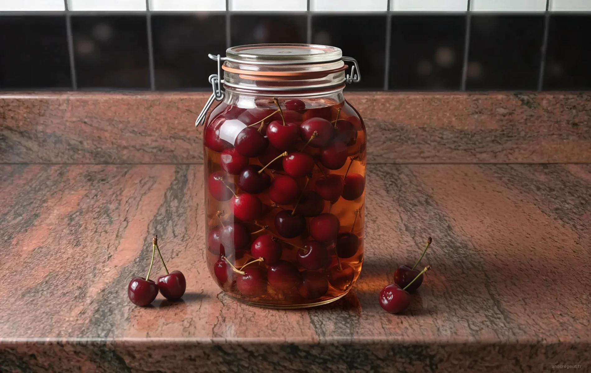 Bocal de cerises &agrave; l'eau-de-vie en cours de mac&eacute;ration,
