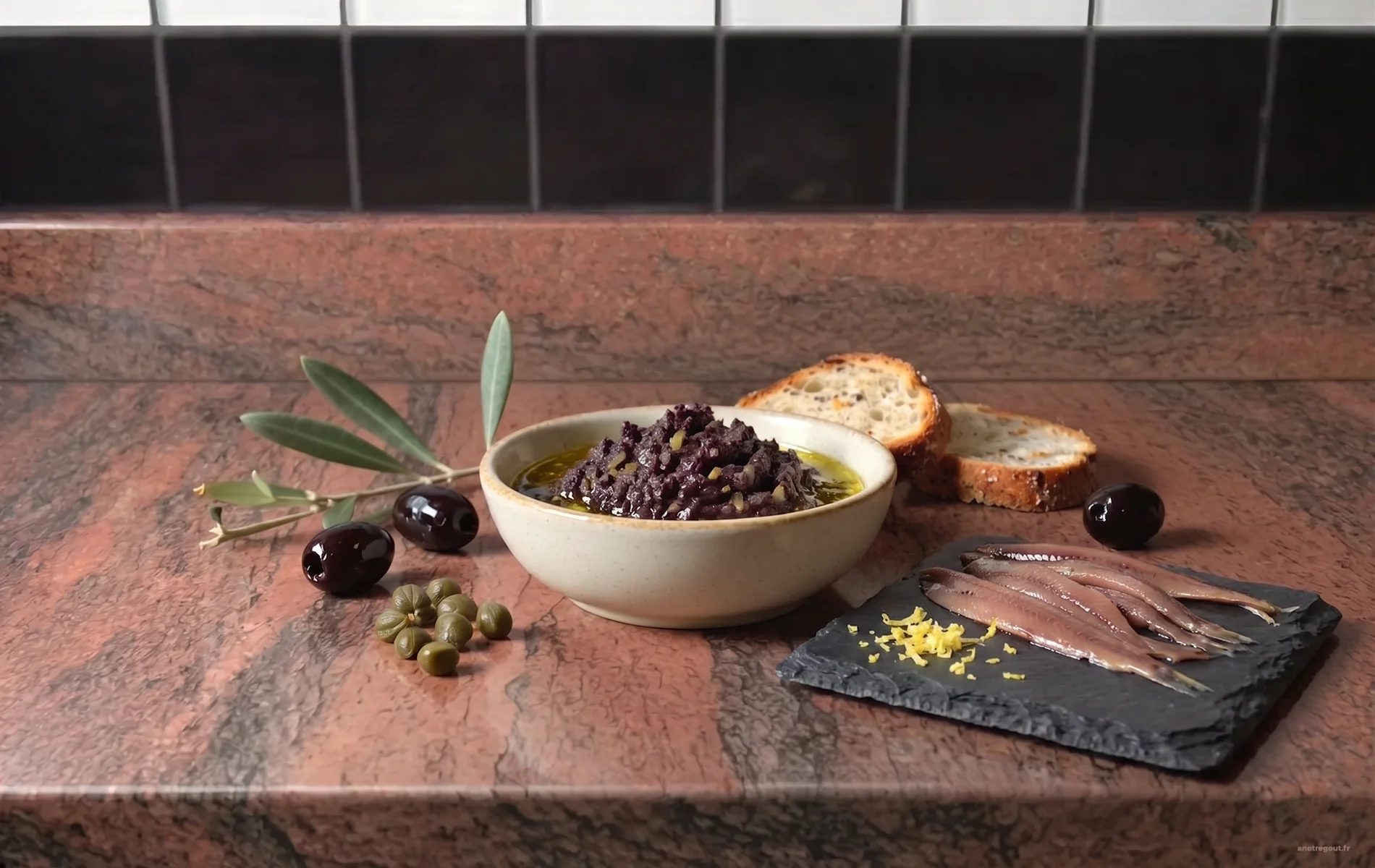 Bol de tapenade proven&ccedil;ale aux olives noires, entour&eacute; d'olives, de c&acirc;pres, de filets d'anchois, de pain grill&eacute; et d'une branche d'olivier